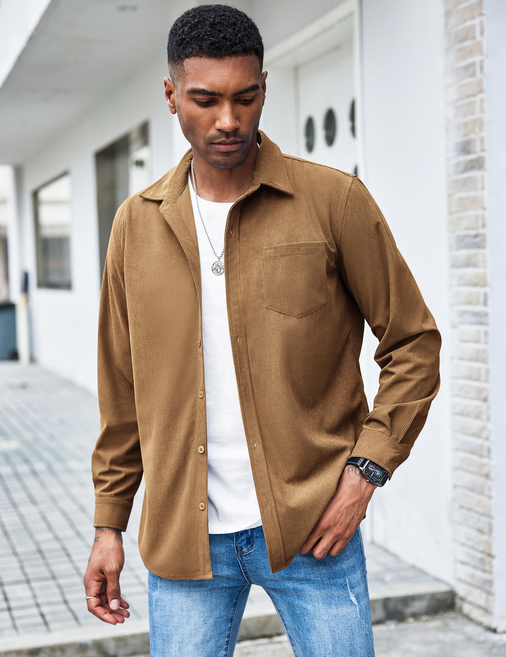 COOFANDY Men's Waffle Knit Button Down Shirt Jacket - Casual Long Sleeve Shacket with Chest Pockets | Perfect for Fall Layering, Outdoor Adventures & Streetwear Fashion