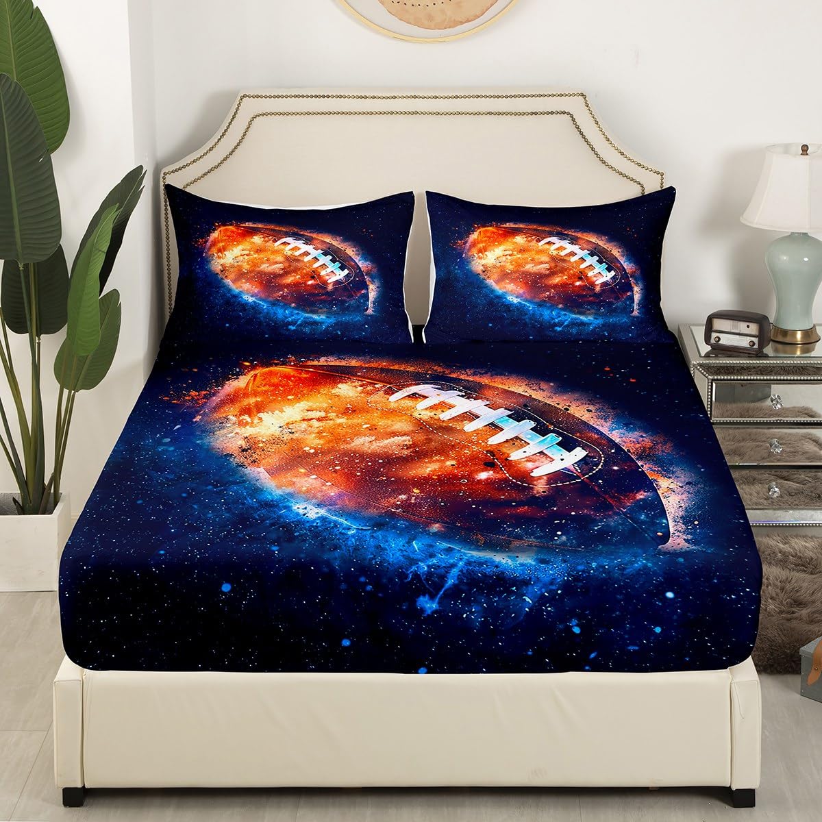 Castle Fairy Burning Football Full Size Bed Sheet Set for Kids - Blue & Red Flame Starry Sky Design - Includes 1 Flat Sheet, 1 Fitted Sheet & 2 Pillowcases - Perfect for Boys & Girls Bedrooms, Sleepovers & Themed Decor