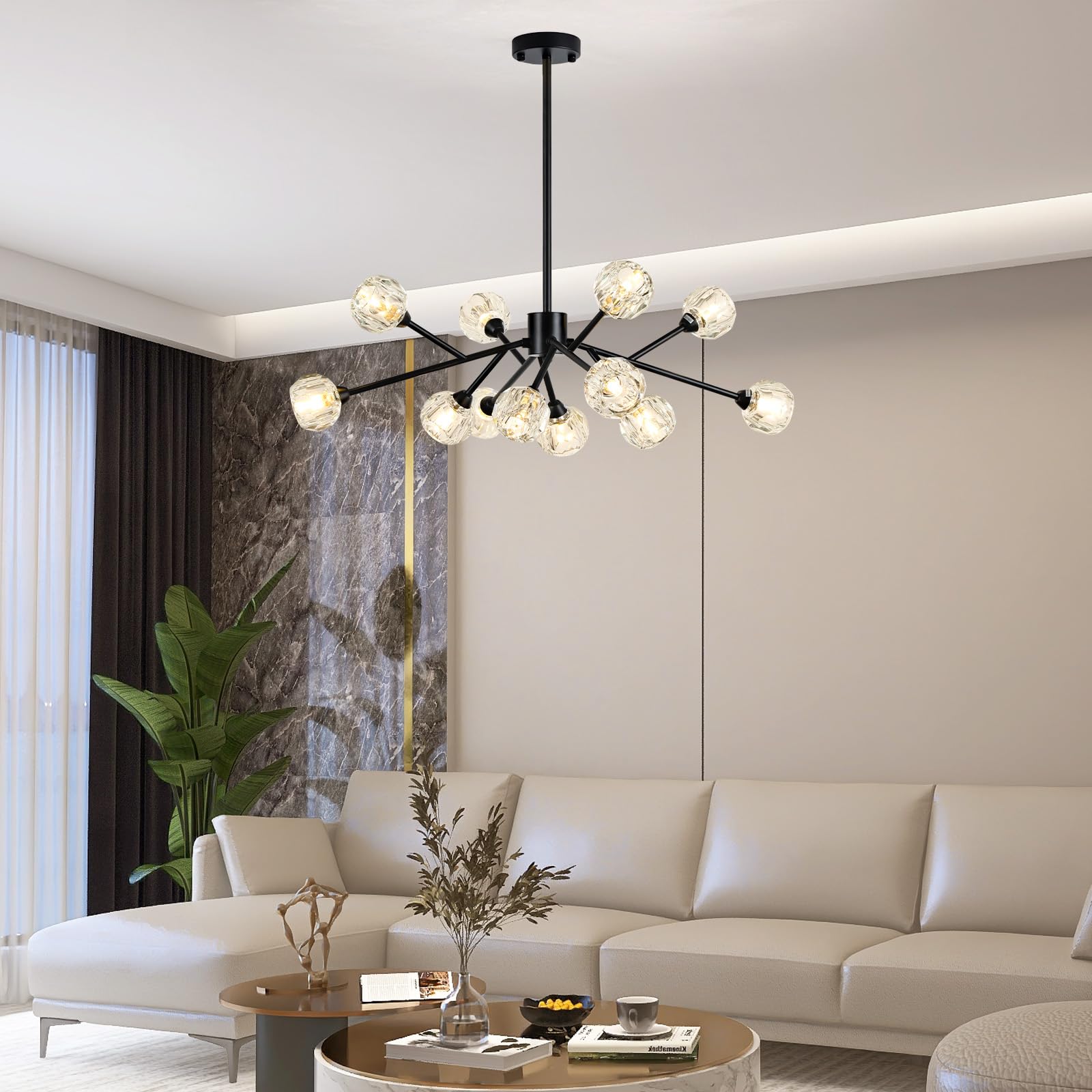 Modern Black Crystal Chandelier - 12-Light Sputnik Lighting Fixture for Dining Room, Living Room, Bedroom, Kitchen Island & Bar - Elegant Ceiling Light for Home Decor & Dinner Parties