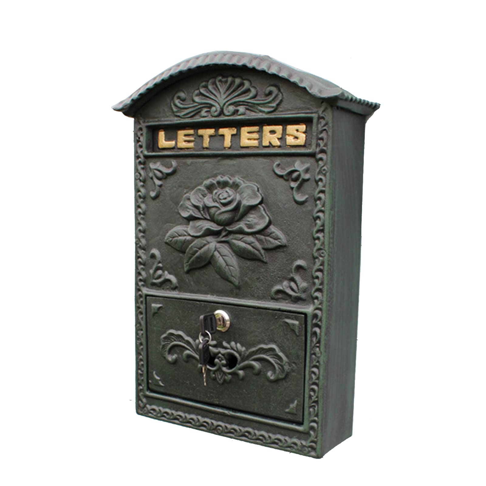 Heavy Duty Wall Mount Mailbox - Waterproof Vintage Cast Iron Letter Box for Home, Office, Indoor & Outdoor Entryway - Decorative Green Mailbox for Front Door, Garden, Porch & Gate Decoration