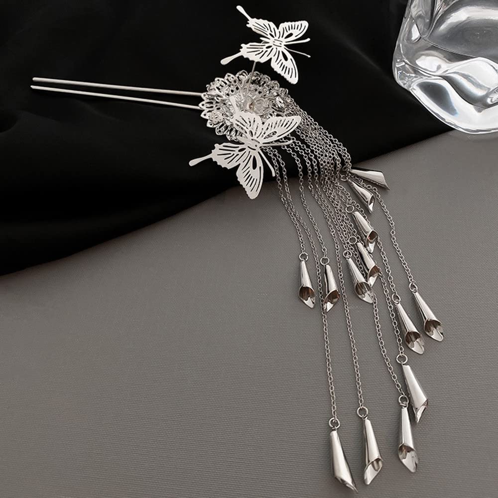 Butterfly Hair Stick with Silver Tassel - Chinese Hairpin for Women & Girls - Wedding & Party Accessory