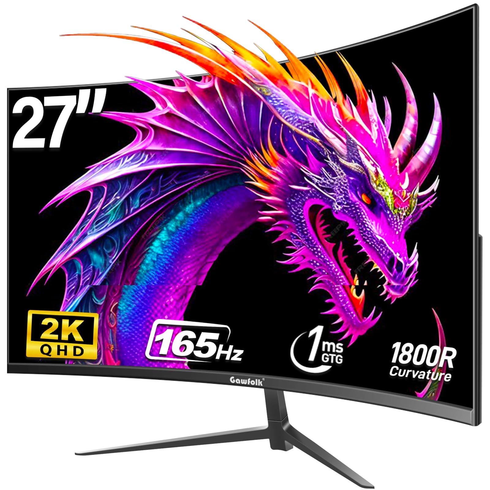 Gawfolk 27 Inch Curved Gaming Monitor QHD 165Hz, 2560x1440P Widescreen PC Monitor, 1800R Frameless Design with VESA, DP & HDMI - Perfect for Esports, Streaming & Home Office Setup
