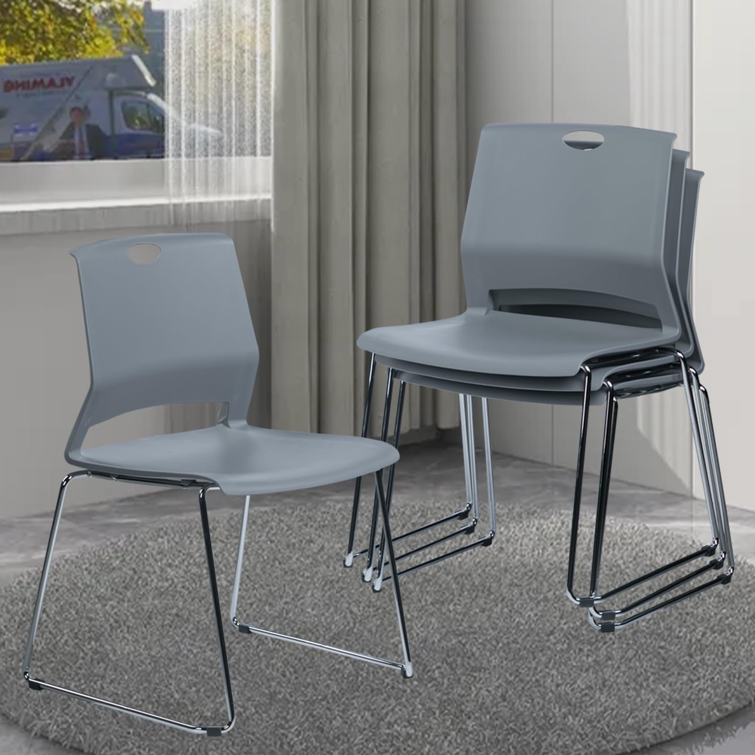 FULONG Stackable Guest Chairs Set of 4 - Armless Plastic Seat Stacking Chairs with Sturdy Metal Frame for Waiting Room, Office, Conference & Events - Gray