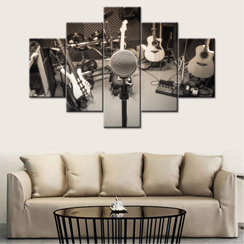 Focus Microphone Artwork - 5-Piece Music Series Wall Decor with Rock Band, Guitar, Piano, Shelf & Drum Set - Black & White Background with LED Lights - Modern DJ Home Decor for Living Room & Bedroom (60