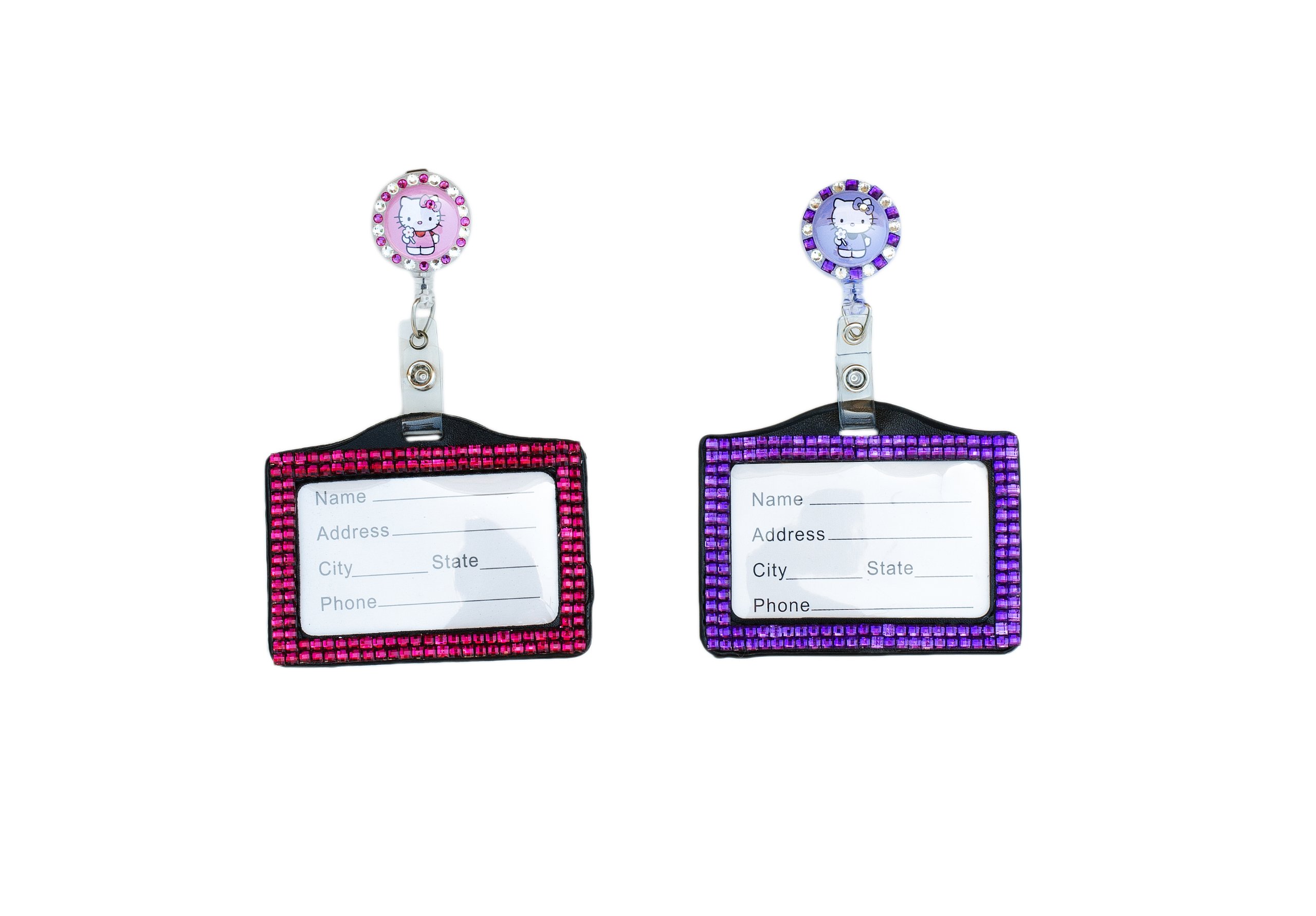 Hello Kitty Rhinestone Retractable Badge Reel & Horizontal Rhinestone ID Badge Holder Set - 2 Pack (Pink & Purple) for Nurses, Teachers, Healthcare Workers & Office Professionals