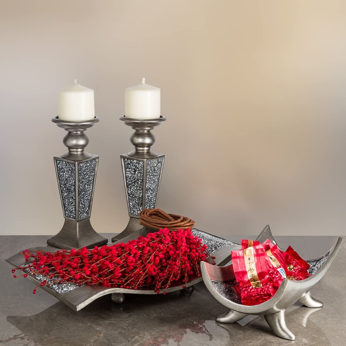 Creative Scents Schonwerk Silver Decorative Centerpiece Bowl with 6 Matching Resin Orbs - Elegant Coffee Table Decor for Living Room, Dining Room, and Home Decor - Perfect for Holiday Entertaining, Wedding Centerpieces, and Modern Interior Styling