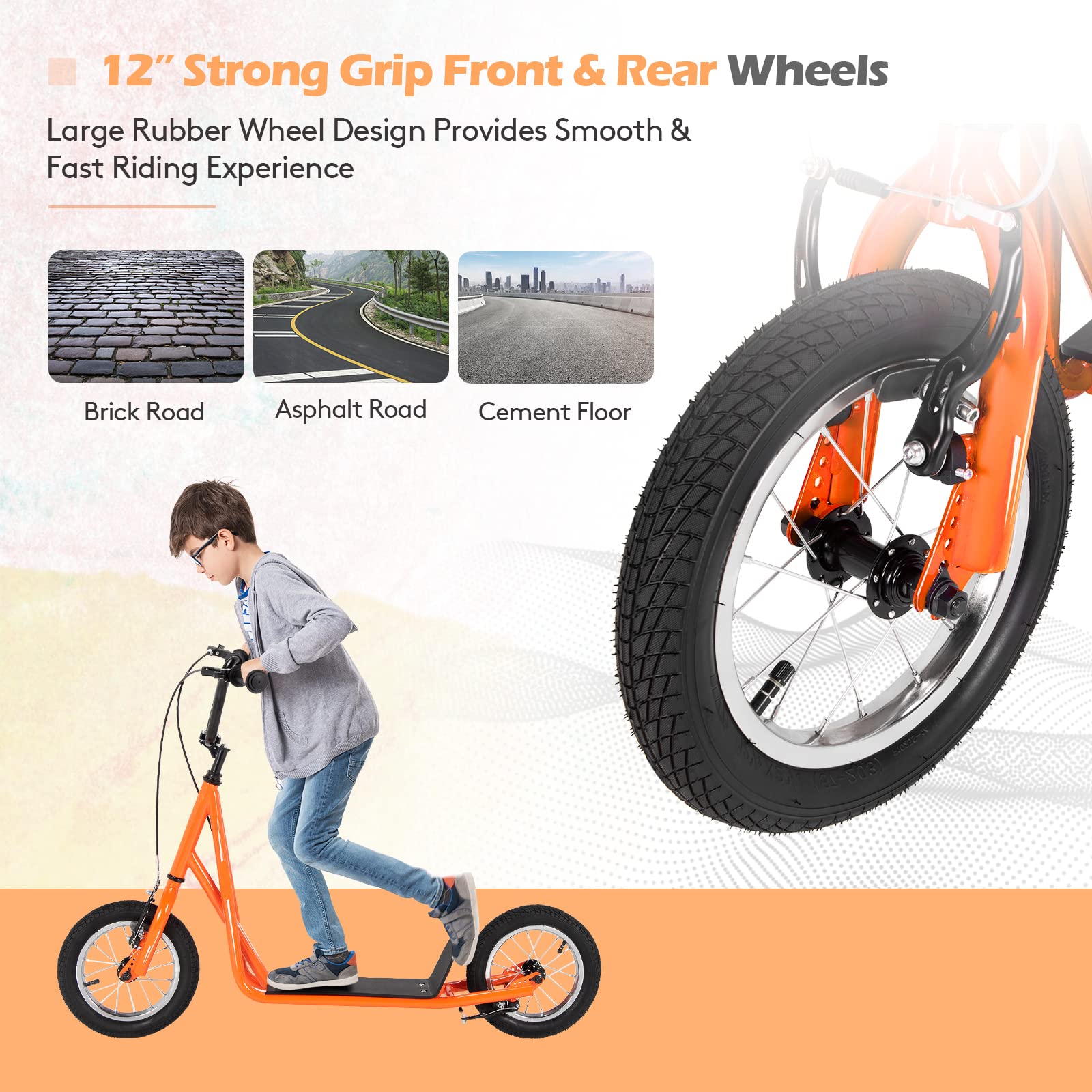 Goplus Youth Kick Scooter for Kids & Adults - 12-Inch Air Filled Wheels, Carbon Steel Frame, Adjustable Handlebar, Front & Rear Dual Brakes - Perfect Ride On Toy for Teens 8+ Years Old - Great for Commuting, School, Park & Outdoor Fun