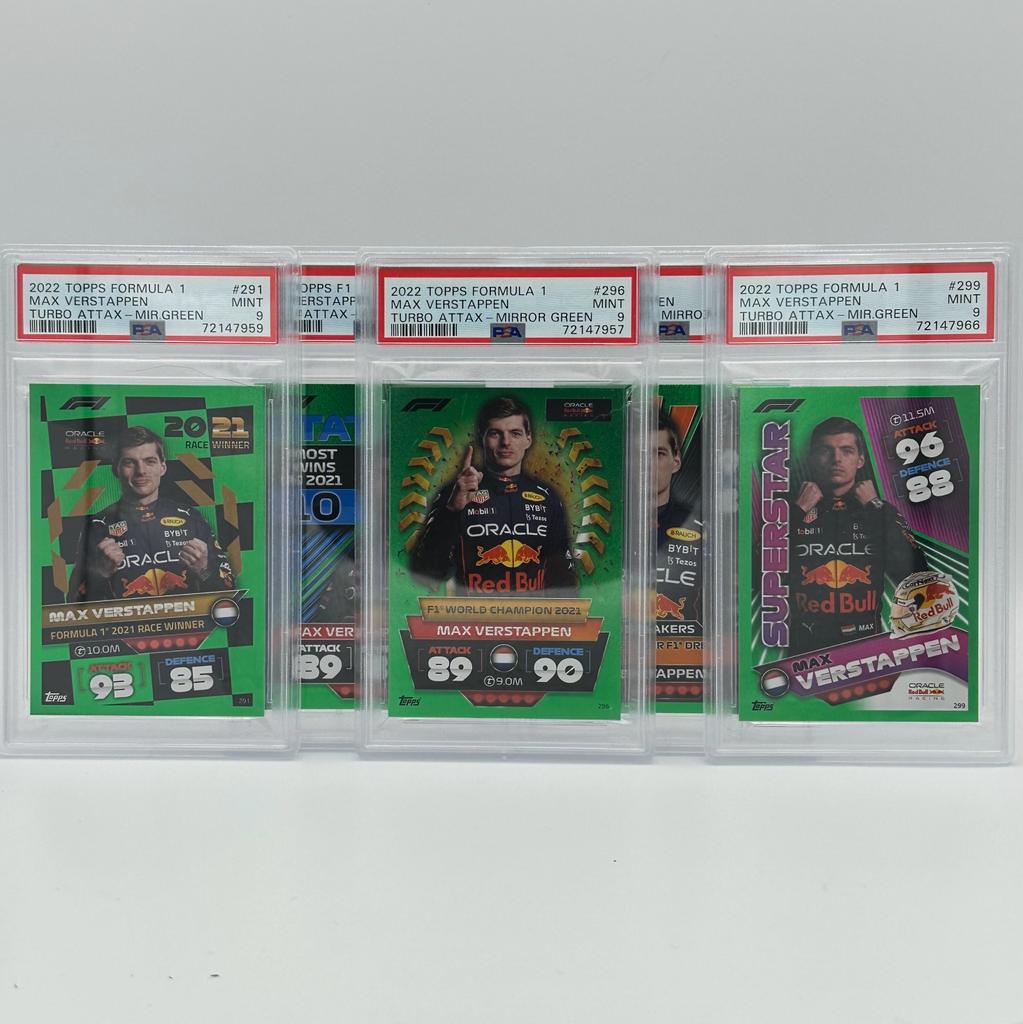 PSA 9 Graded Max Verstappen Turbo Attax 2022 - Limited Edition /500 Set of 5 Trading Cards - Perfect for F1 Collectors, Sports Memorabilia Enthusiasts, and Investment Portfolio Diversification