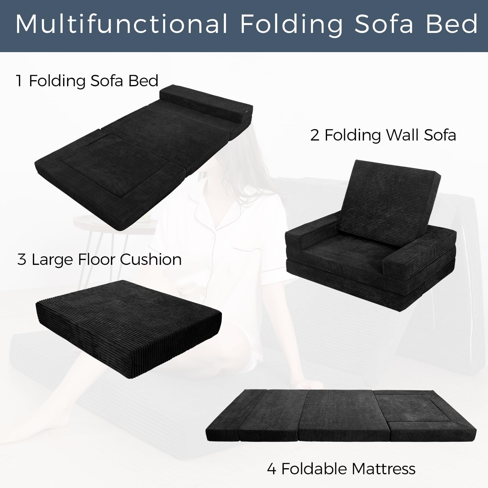 MAXYOYO Multifunctional Folding Sofa Bed - Convertible Sleeper Sofa & Floor Futon Mattress for Small Spaces, Guest Room & Apartment - Portable & Space-Saving Design - Perfect for Living Room, Dorm & Overnight Guests - Black