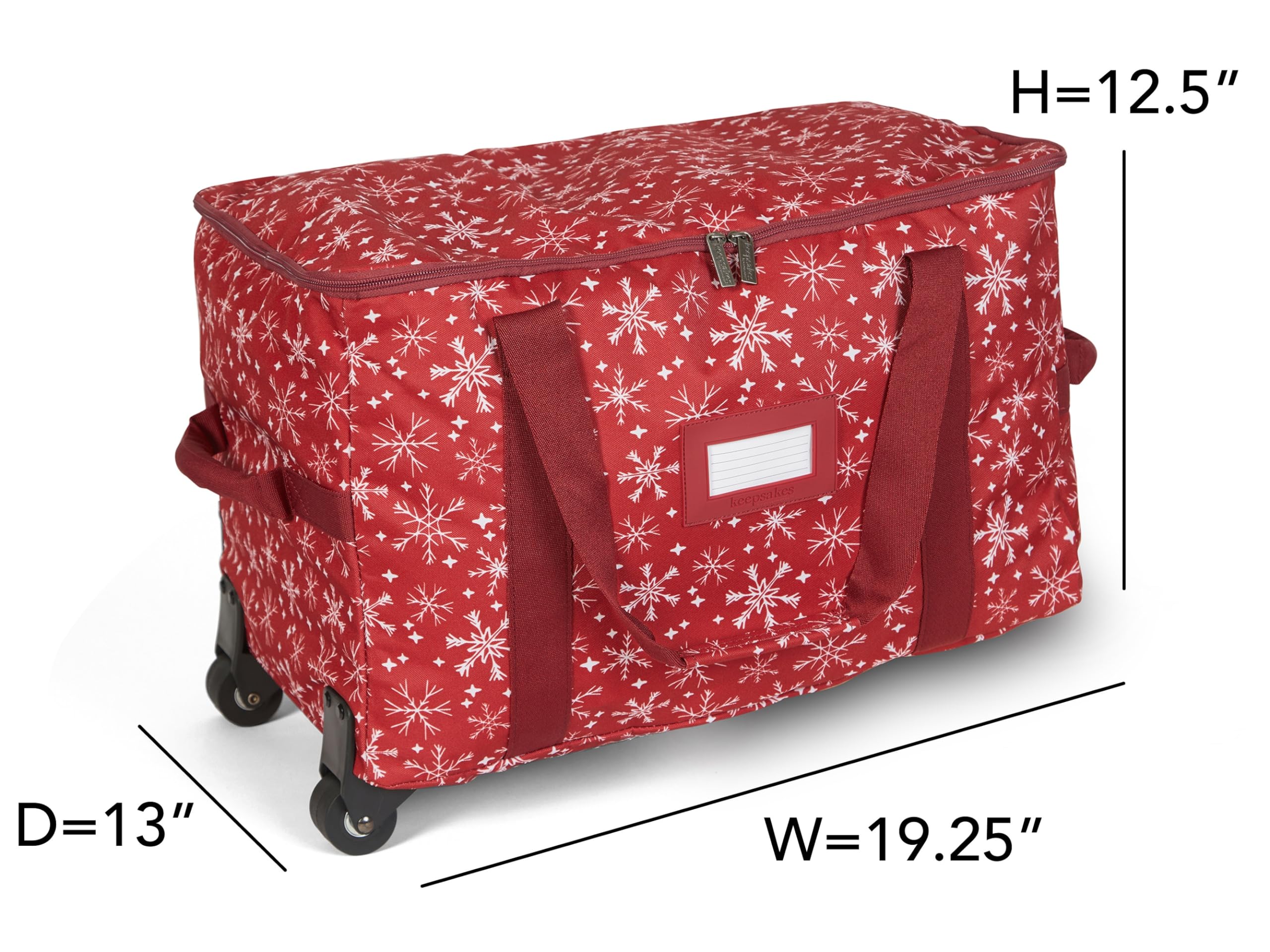 Covermates Keepsakes Rolling Adjustable Ornament Storage Bag with Carrying Handles - Padded Protection & Dual Wheels for Holiday Decorations - Red Snowflake Design - Perfect for Christmas Tree Ornament Storage and Seasonal Decoration Organization