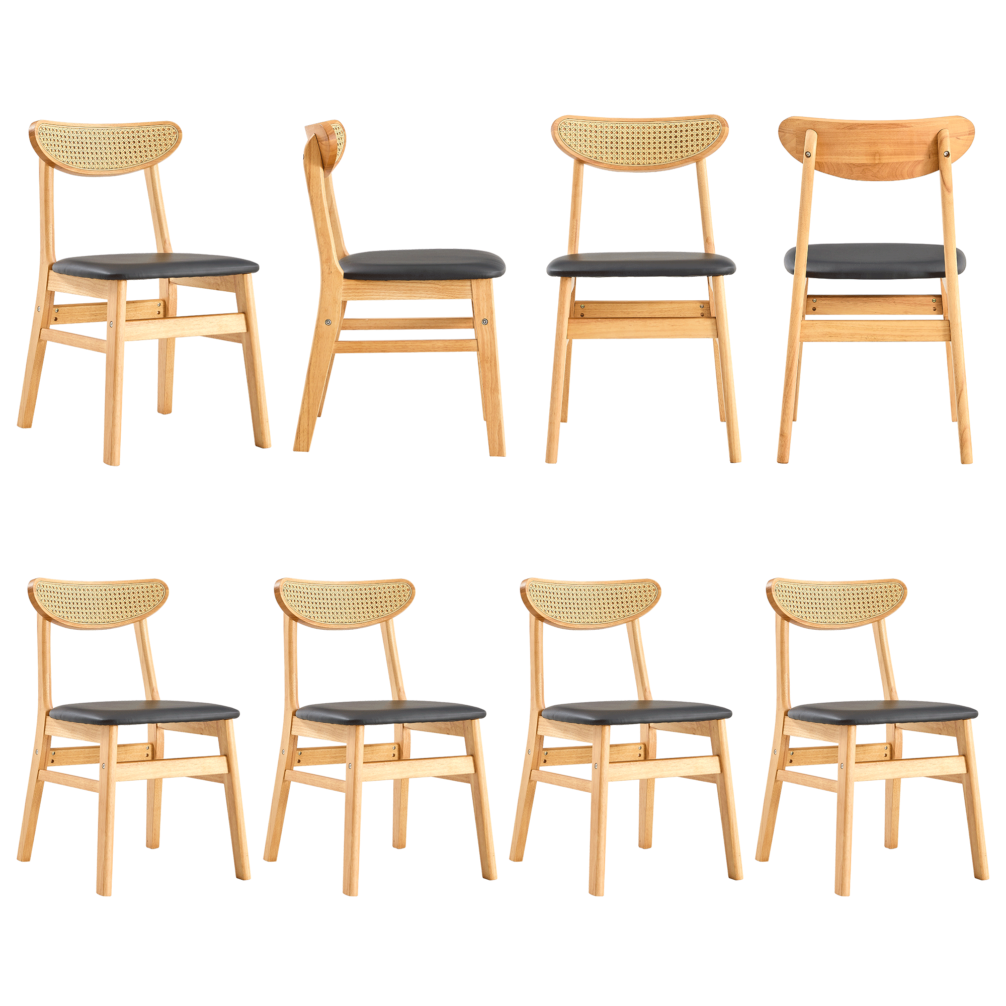 8-Piece Cozy Natural Rubberwood Dining Chair Set - Solid Wood & Rattan Style with Curved Back & PU Cushion - Perfect for Dining Room, Kitchen, Cafe & Home Decor