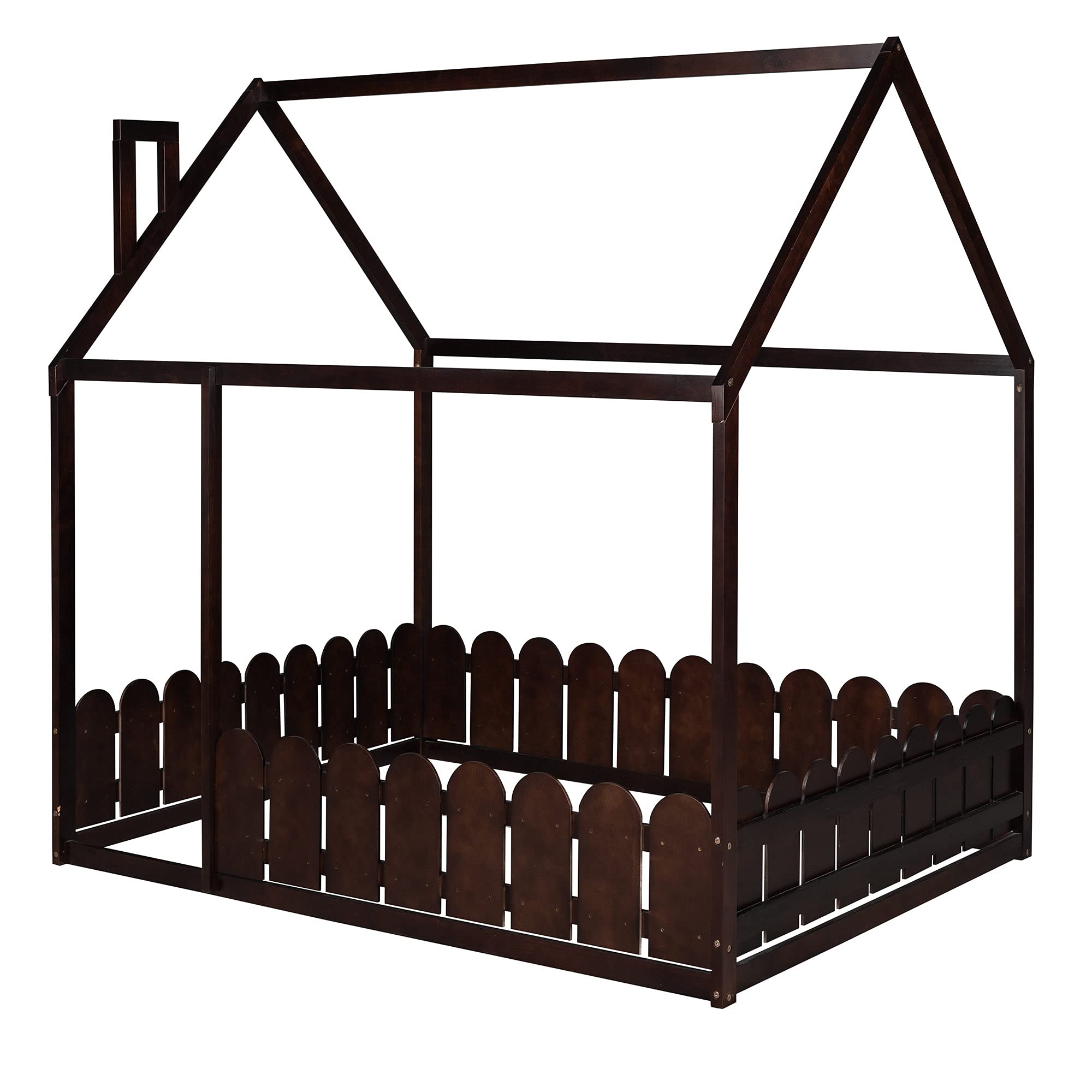 **House-Shaped Kids Wooden Floor Bed Frame with Safety Fence - Full Size, Espresso - No Weight Limit, Box Spring Needed - Perfect for Toddlers, Children & Teens (Girls & Boys) - Ideal for Playrooms, Bedrooms & Montessori Spaces**