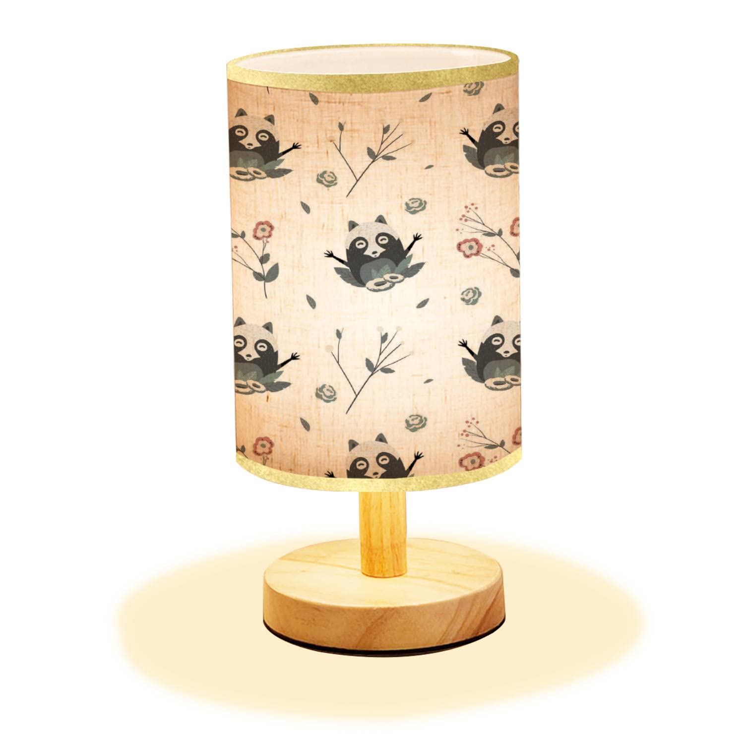 Minimalist Wooden Nightstand Lamp with Cute Raccoon Design - Natural Flaxen Fabric Shade for Bedroom, Living Room, Nursery - Perfect for Reading, Relaxing & Creating Cozy Atmosphere