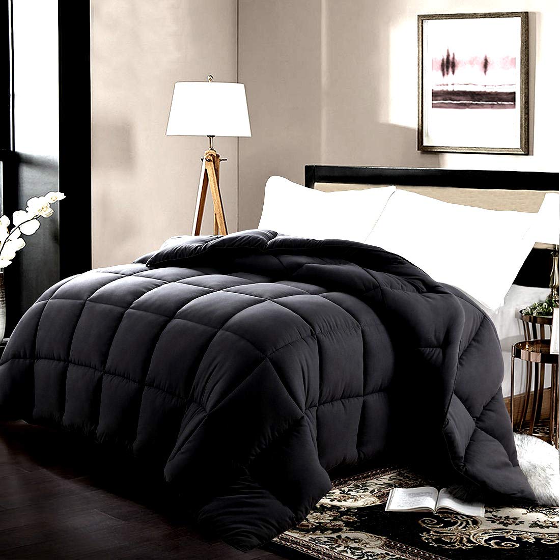 Premium 1000 Series Egyptian Cotton 5-Piece Comforter Set - 500 GSM Ultra Soft & Warm Bed in Bag (Cal King, Black) | Includes Comforter, Flat Sheet, 16