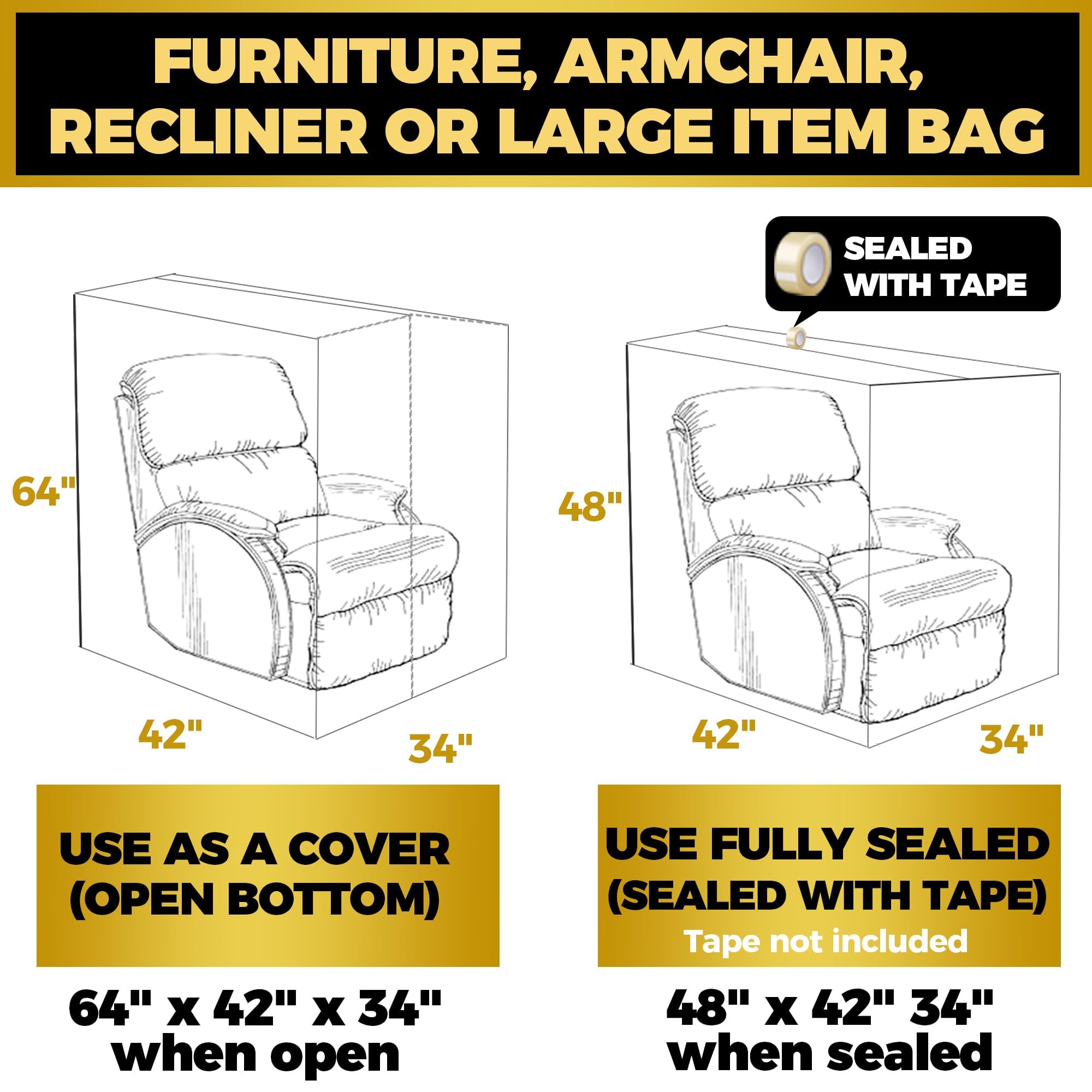 Heavy-Duty Plastic Furniture Covers - Waterproof Chair Protectors for Moving & Storage (64x42x34in) - Perfect for Armchairs & Recliners