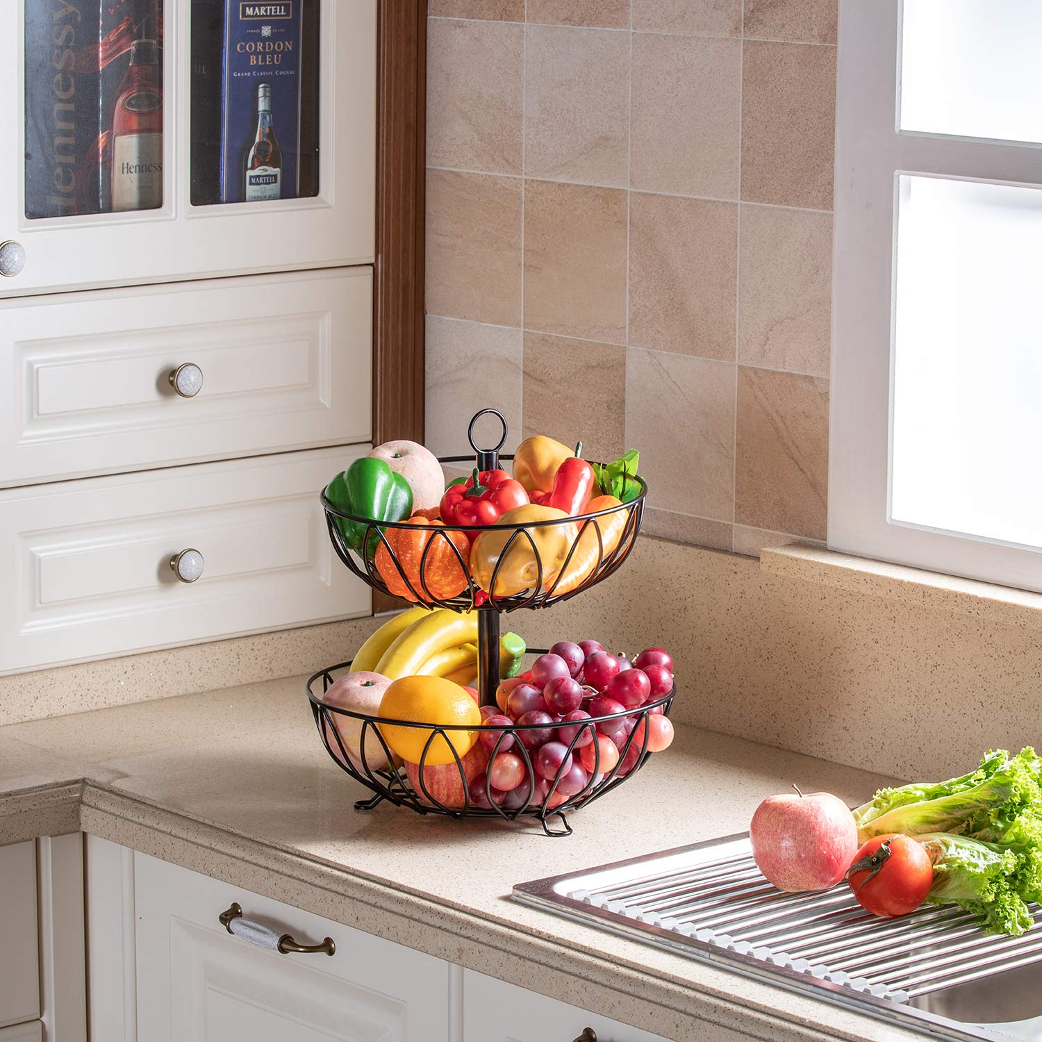 2-Tier Black Metal Cast Iron Fruit & Vegetable Basket - Countertop Storage Stand for Kitchen, Dining Room, or Pantry Organization | Perfect for Displaying Fresh Produce, Snacks, or Decor