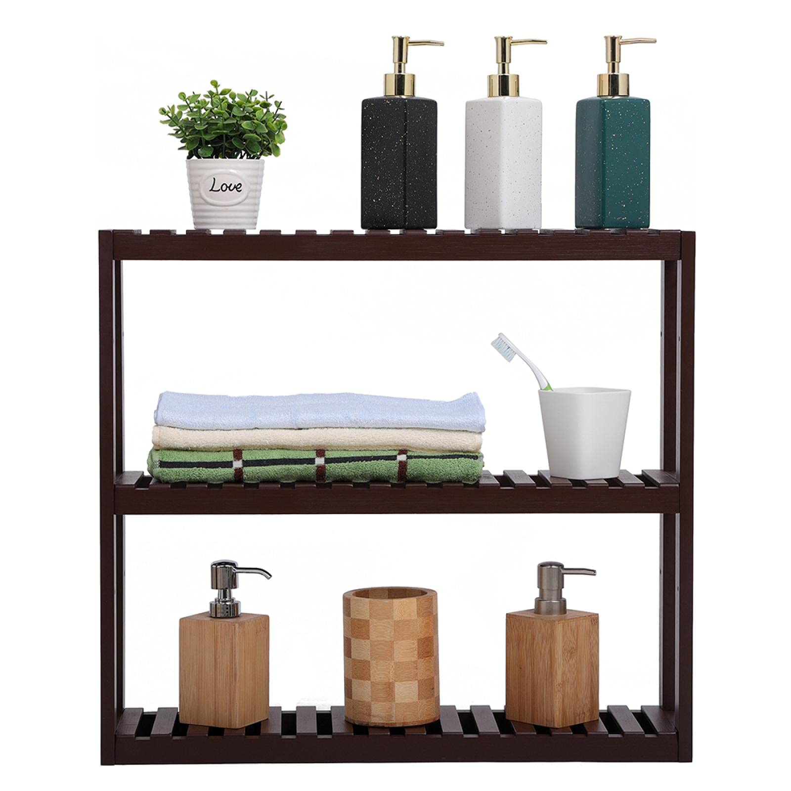 ACRISHAGN 3-Tier Bamboo Bathroom Shelf - Adjustable Wall Mounted Storage Rack for Towels, Kitchen & Living Room - 23.6 x 5.9 x 21.3 Inches - Space Saving Organizer for Small Bathrooms & Apartments