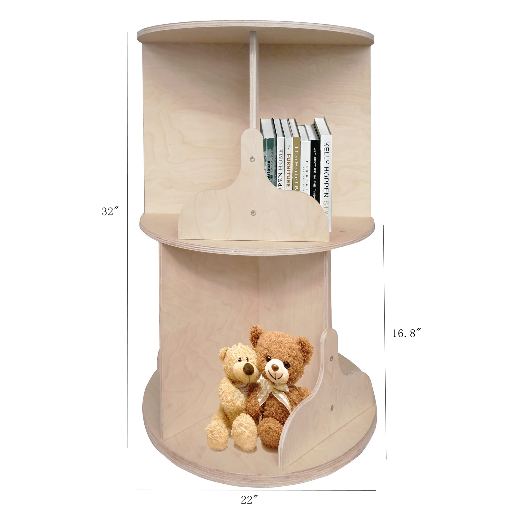 FixtureDisplays® 2-Tier Rotating Bookshelf - 360° Spinning Wooden Bookcase with Natural Finish for Living Room, Bedroom & Office Storage (Model 18540-NPF)