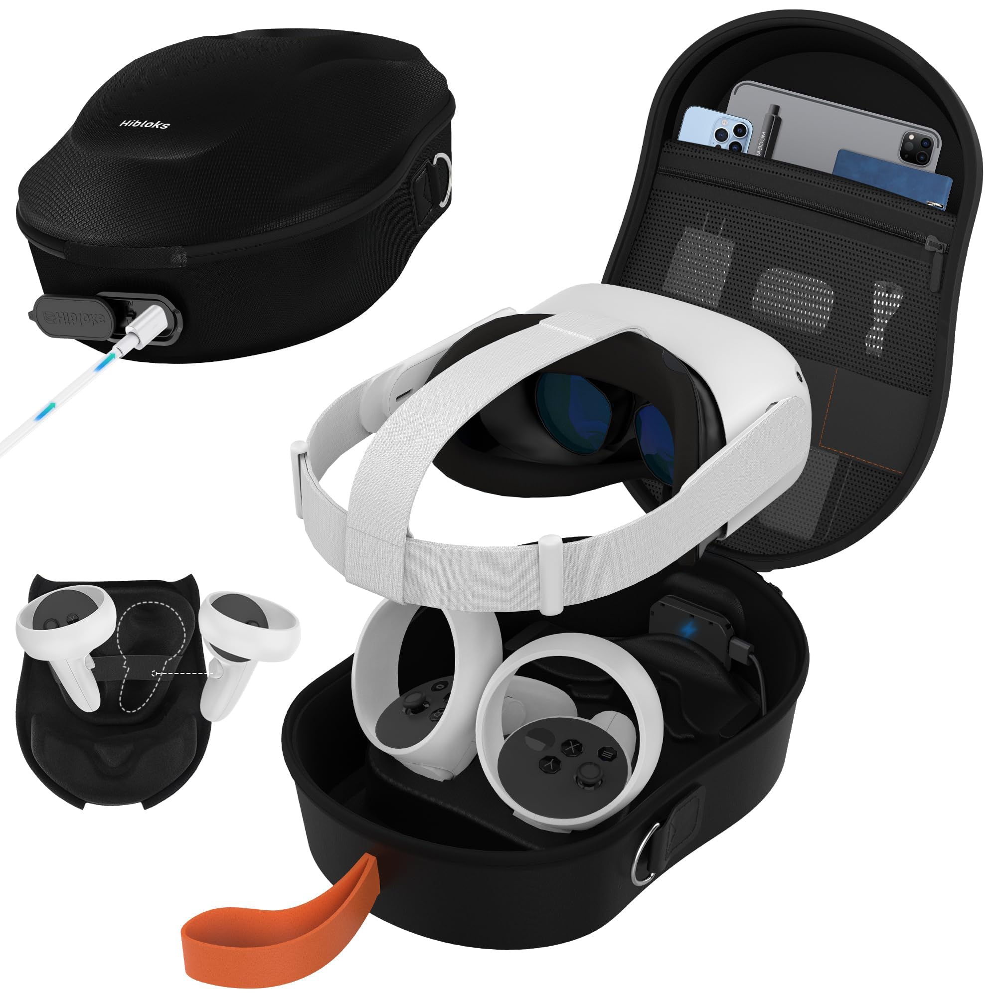 HiBloks Magnetic Charging Carrying Case for Meta Quest 2 & Quest 3S - Large Capacity Hard Travel Storage for Oculus Quest 3S Headset, Controllers & Accessories | Portable Protective Backpack for VR Gaming, Travel & Home Organization