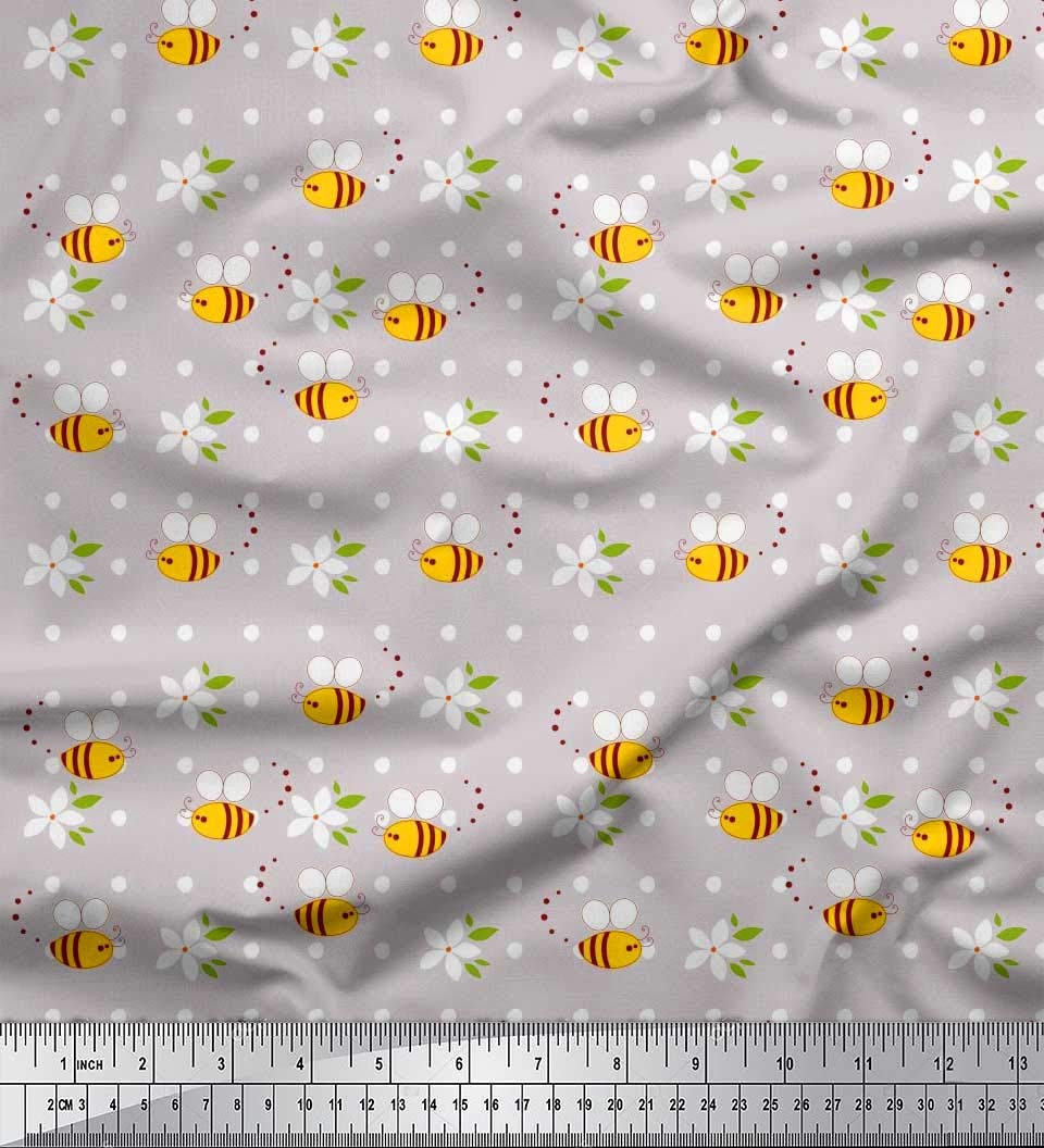Soimoi Cotton Cambric Gray Fabric - Floral Honey Bee Print - for Sewing & DIY Crafts