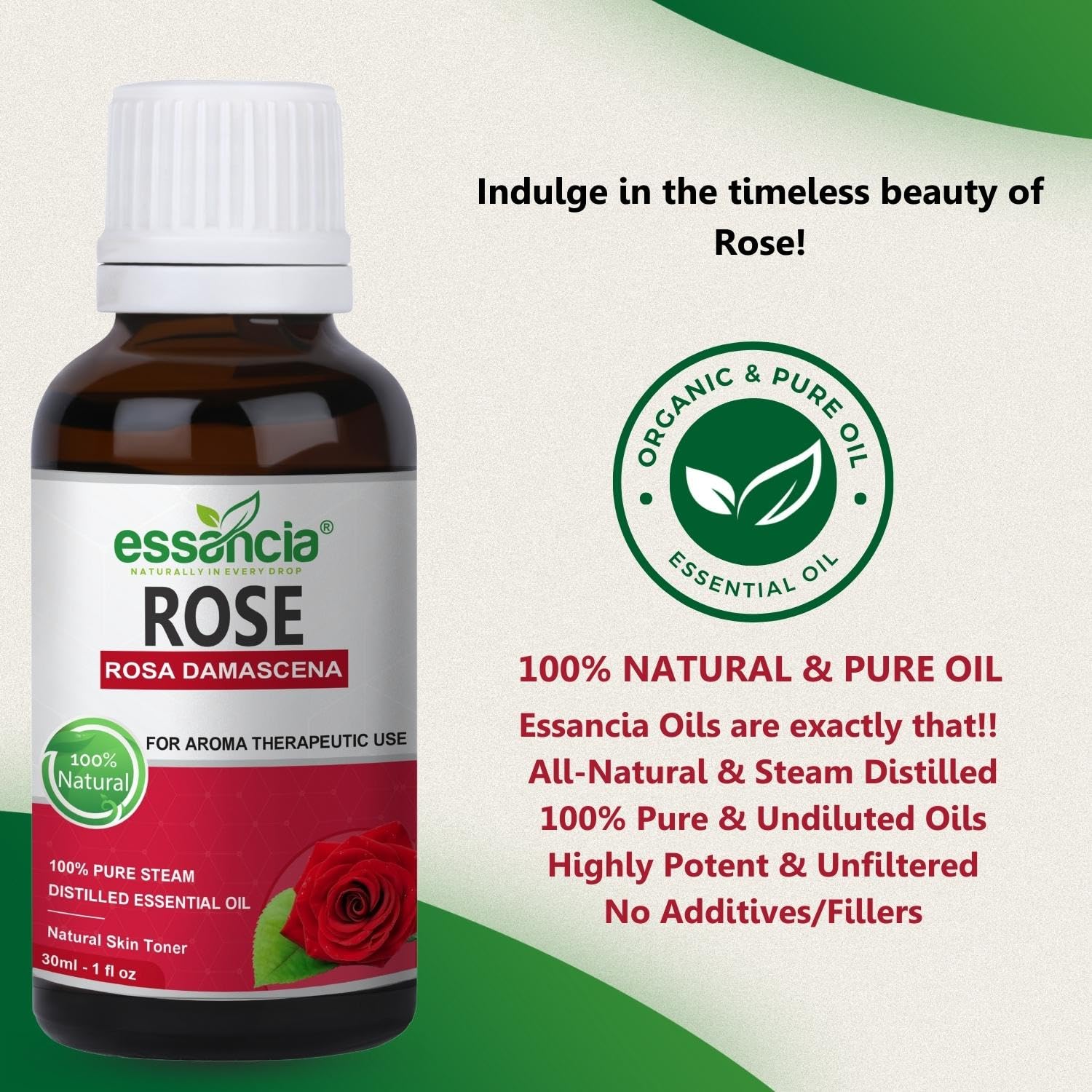Essancia 100% Pure Natural Undiluted Therapeutic Grade Rose Essential Oil for Skin Rejuvenation & Mood Enhancement - 30ml Aromatherapy Oil for Relaxation, Massage & DIY Beauty Products