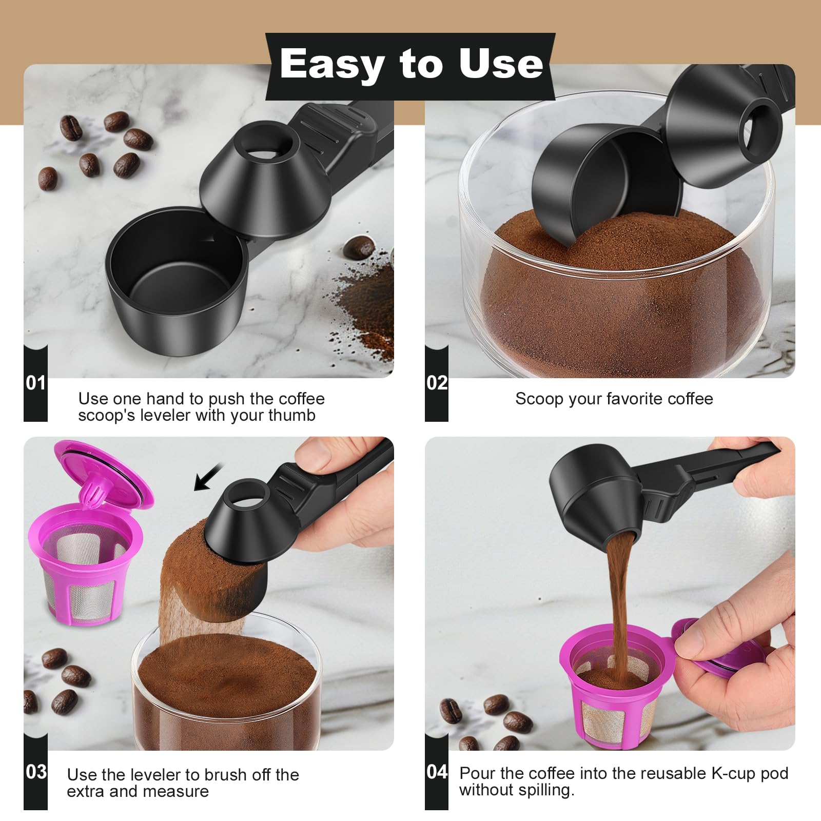 **Reusable K Cup Coffee Scoop & Funnel - 2 Tbsp Measuring Spoon for Ground Coffee, Protein Powder, Tea - Perfect for Refillable Coffee Pods & Kitchen Use (Black, 1 Pack)**    *(Ideal for Brewing Fresh Coffee, Measuring Protein Shakes, or Portioning Loose Tea Leaves)*