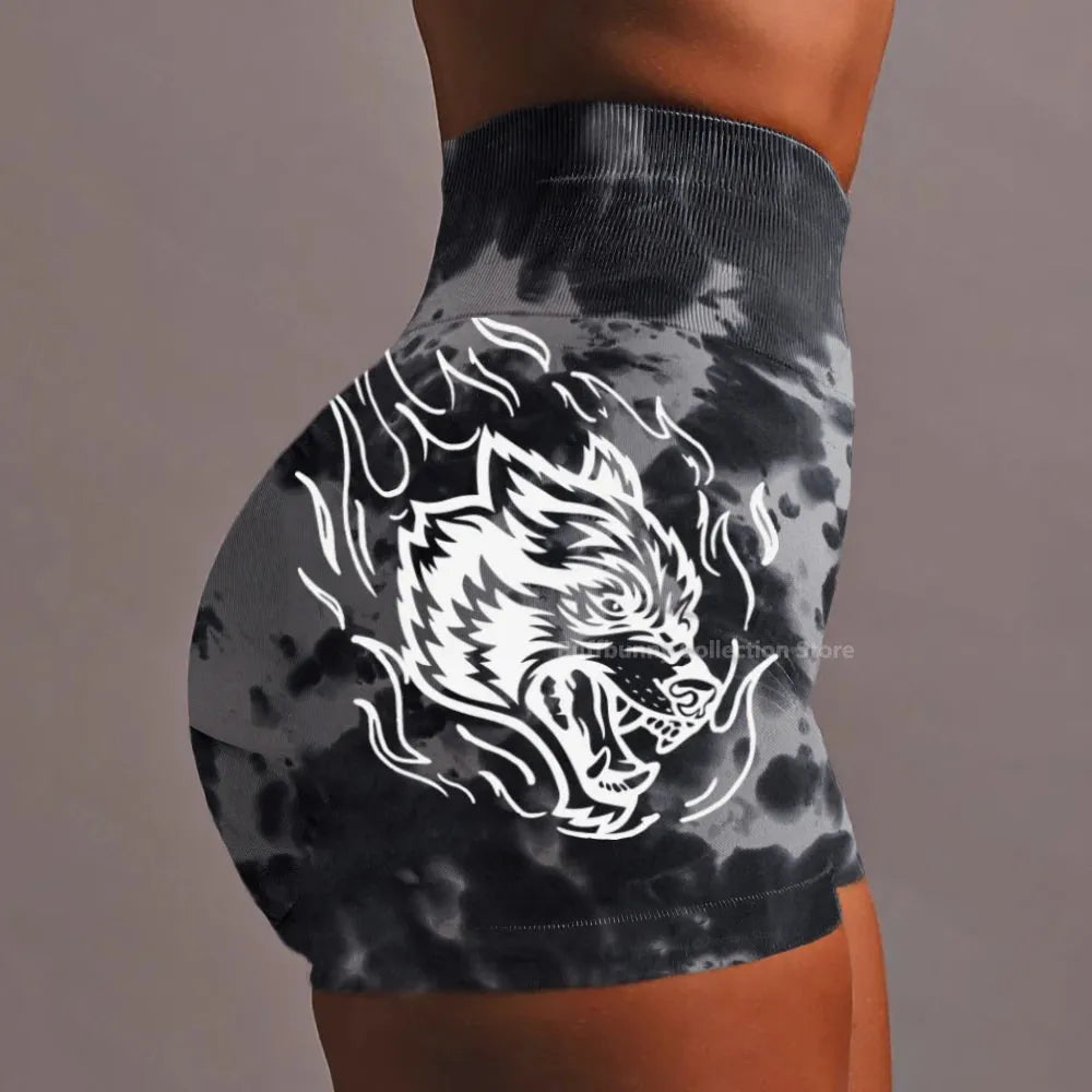 She Darc Wolf Tie Dye Scrunch Shorts for Women - Seamless Yoga Shorts, Breathable Workout Shorts with High Waist for Running, Gym & Summer Activities