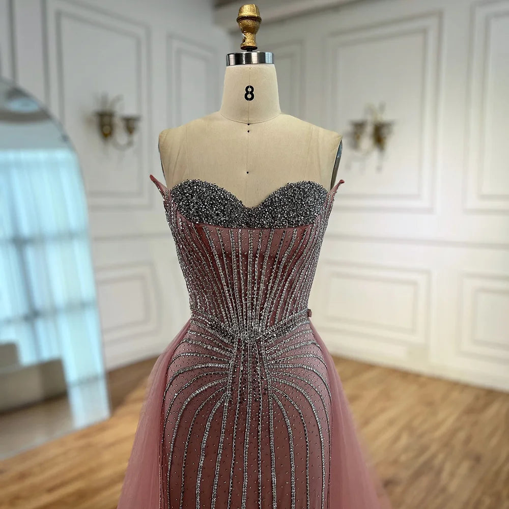 Elegant Strapless Pink Pearl Beaded Arabic Mermaid Evening Gown with Detachable Overskirt LA72811B - Perfect for Weddings, Prom, Gala & Formal Events