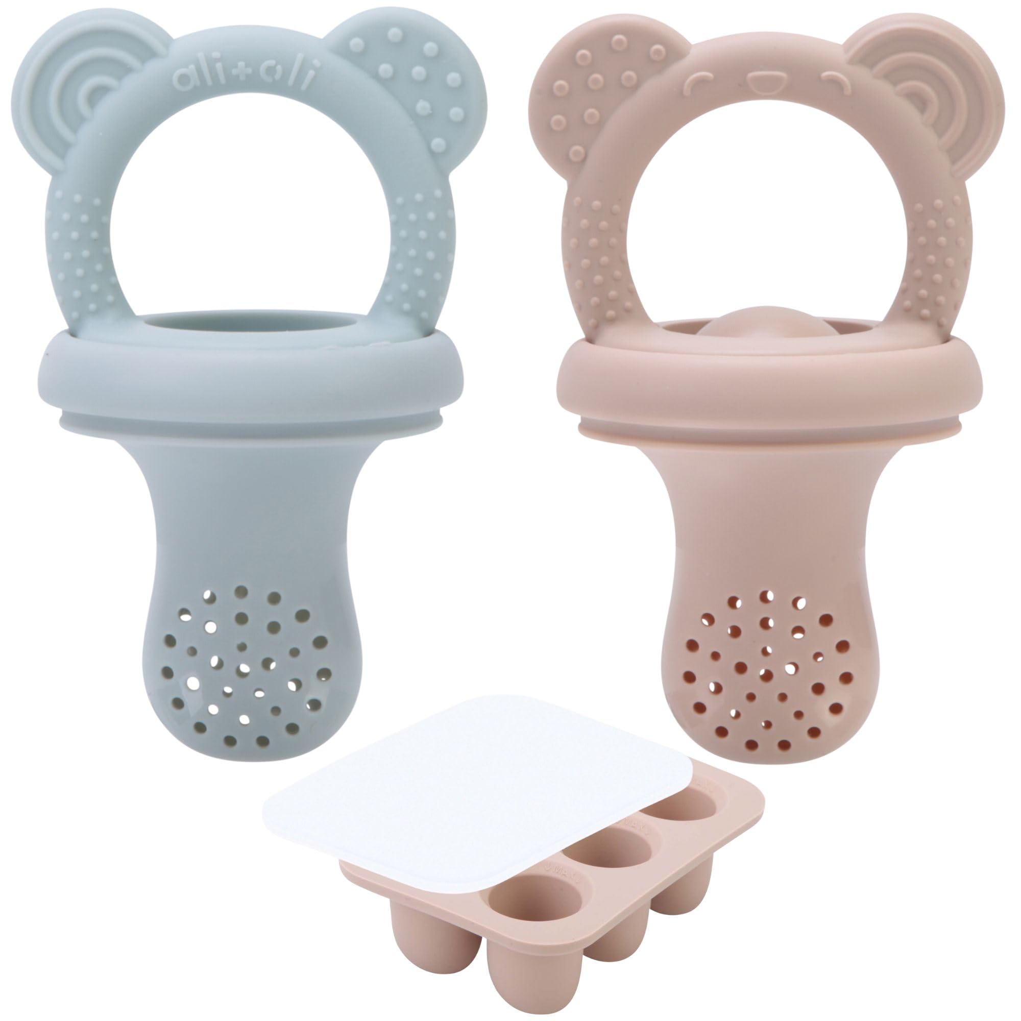 Ali+Oli (3-Pc) BPA-Free Food-Grade Silicone Baby Fruit Feeder & Teether Set with Freezer Tray - Mist Taupe | Infant & Toddler Soothing Pacifier for Fresh Fruits, Breastmilk & Teething Relief | Perfect for On-the-Go Feeding & Pain Relief