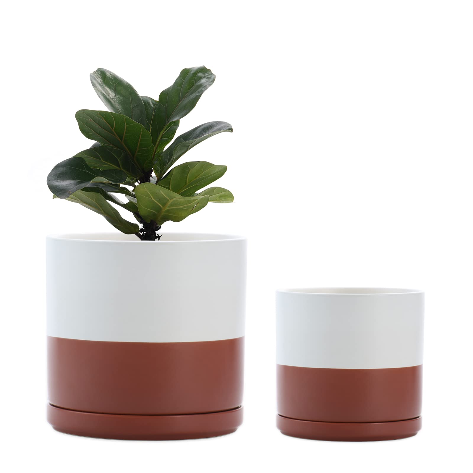 Premium FairyLavie Ceramic Plant Pots Set of 2 - 7.7 & 6.3 Inch Flower Planters with Drainage Holes & Saucers for Indoor/Outdoor Plants - Perfect for Home Decor, Office Desk, Balcony & Garden Decorations