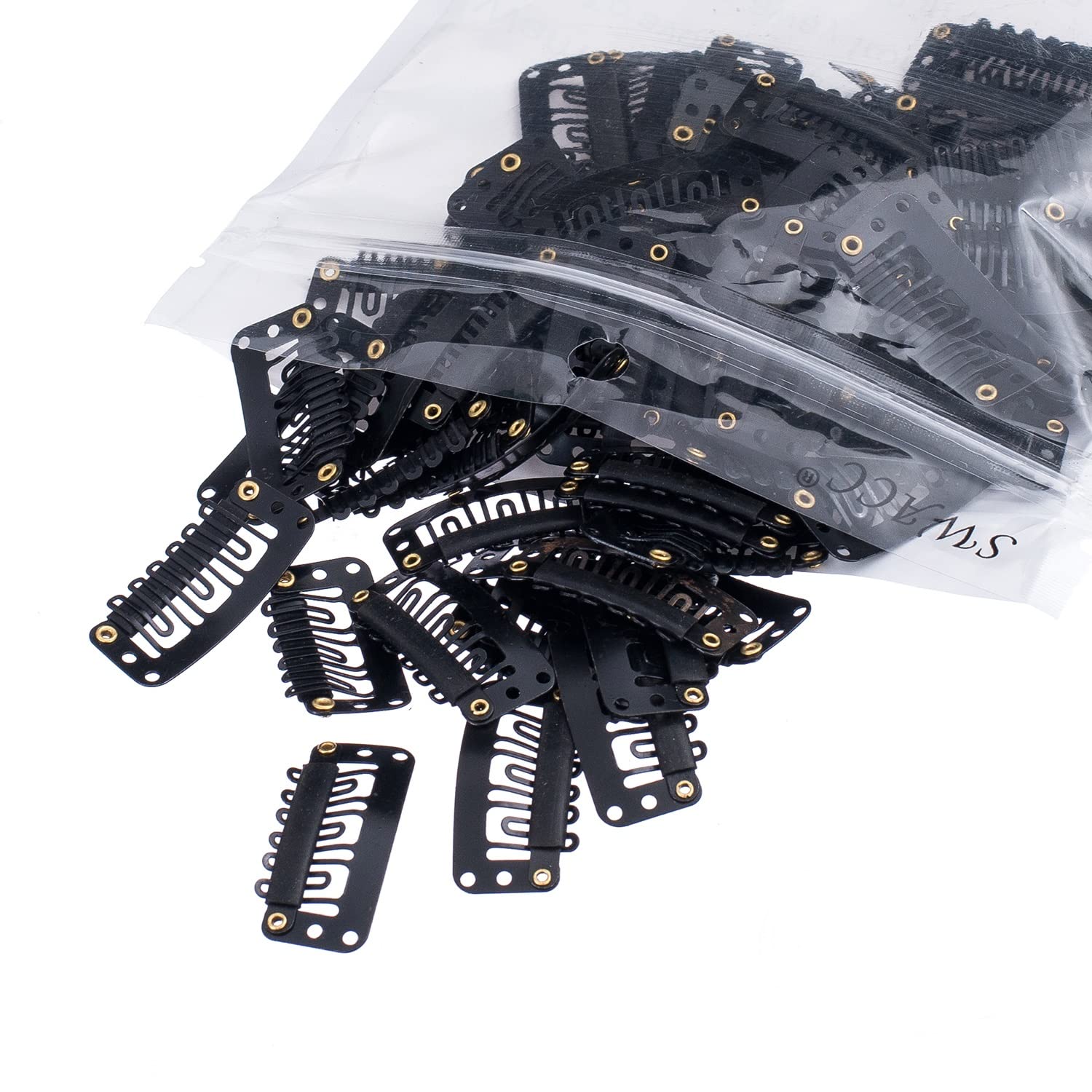 100 Pcs U-Shape Metallic Snap Hair Clips for Extensions, DIY Wig Making, Hairpieces - Black Rubber Coated 6-Hole Snap Comb Clips (Great for Cosplay, Daily Styling & Hair Accessories)