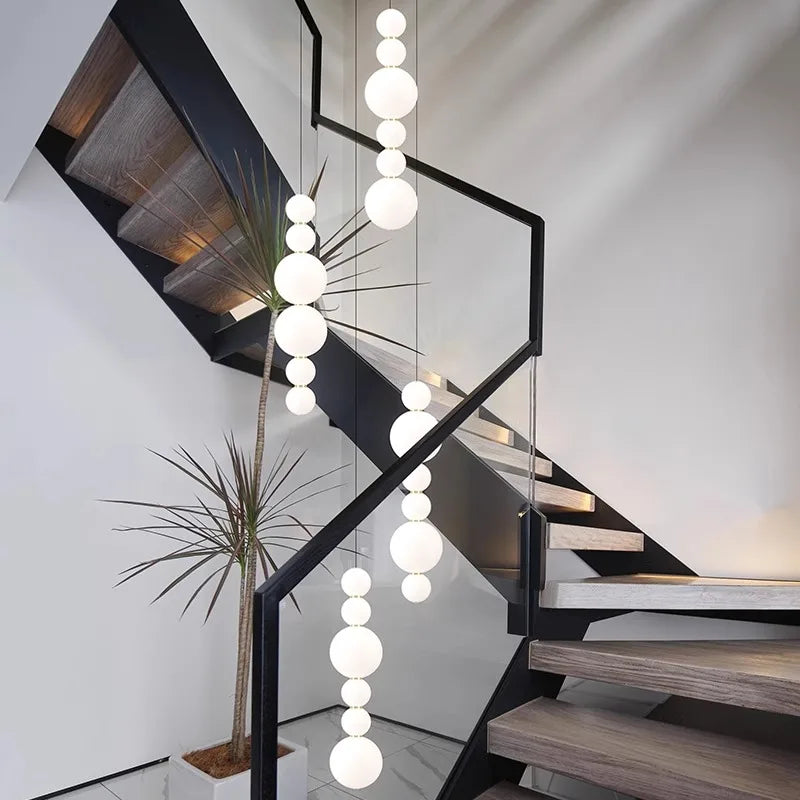 White Multi Globe Pendant Light Fixture - Modern Chandelier for Staircase, High Ceiling, Dining Room & Living Room Decor - Dimmable LED Lighting for Home & Office