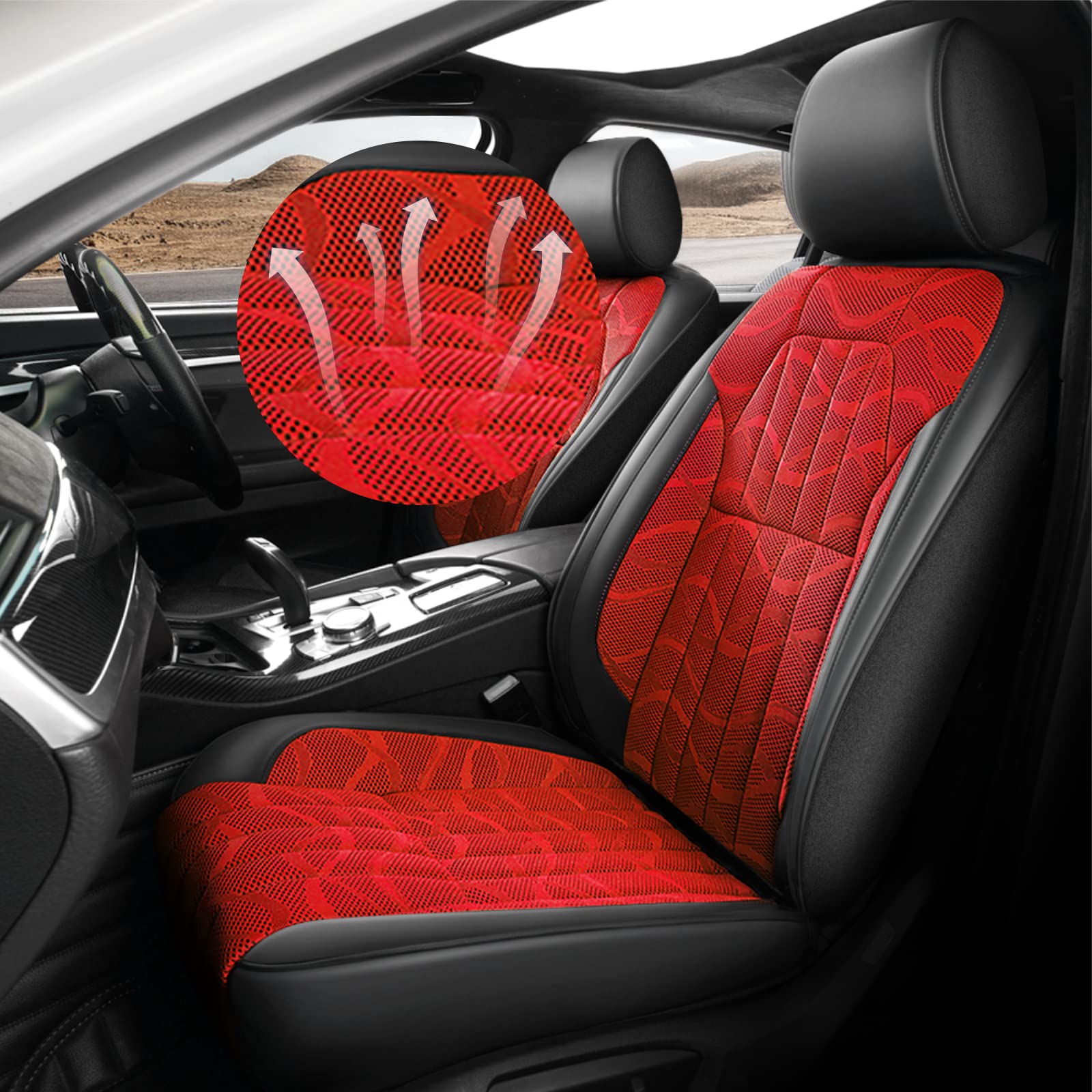 Premium AOMSAZTO Leather Car Seat Covers with Built-in Ice Silk - Cool, Breathable & Odorless Universal Fit for Sedans, SUVs & Trucks (Red Full Set) | Perfect for Summer Comfort & Luxury Interior Upgrade
