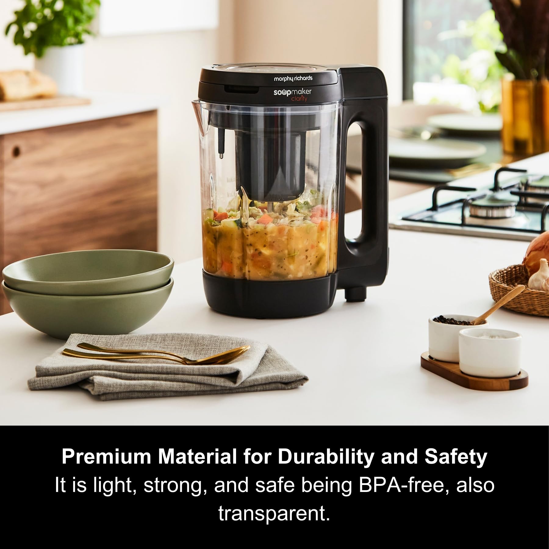 Morphy Richards 1.6L Clarity Soup Maker with Portion Control - 9 Smart Settings & Keep Warm Function for Soups & Smoothies (White & Black, Model 501050) - Perfect for Healthy Meal Prep & Quick Blending at Home