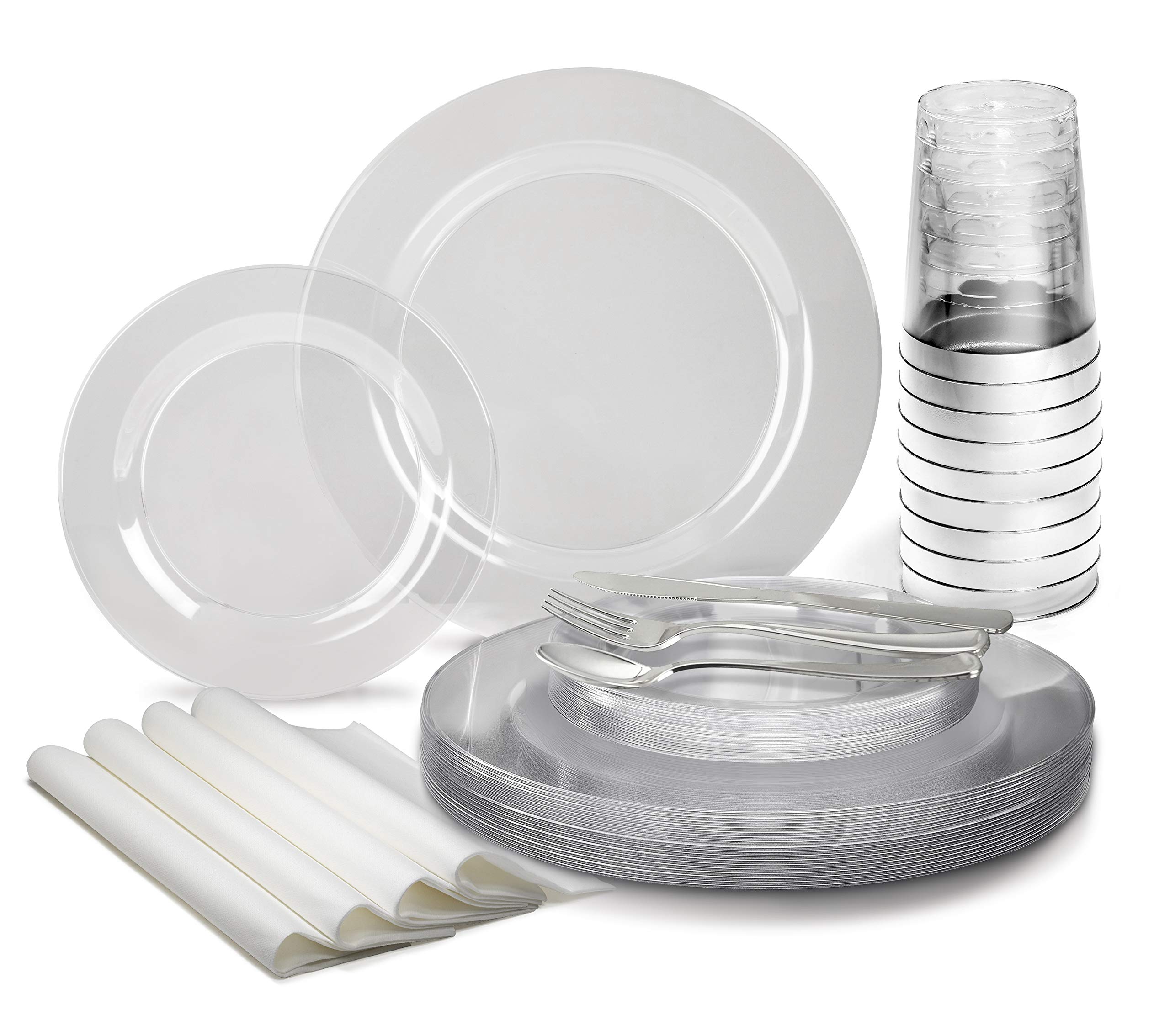 840-Piece Heavyweight Disposable Plastic Wedding Party Plate Set - 120 x 10.5'' Dinner Plates, 120 x 6.25'' Dessert Plates, Silverware, Cups & Napkins (Clear) - Perfect for Large Gatherings, Bridal Showers & Banquets