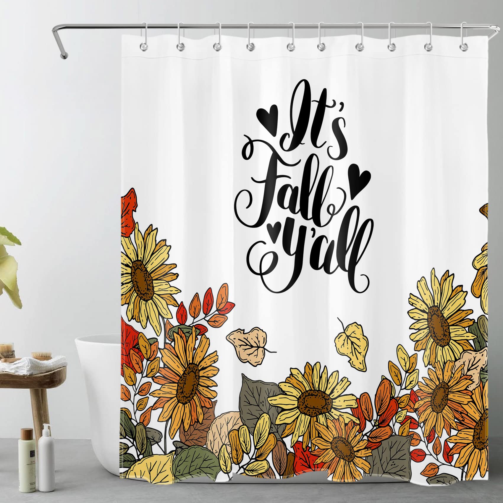 HVEST Autumn Floral Shower Curtain - Yellow Fall Leaves Bathroom Decor with Hooks, 60x72 Inch Polyester Fabric for Fall Harvest Festival | Perfect for Seasonal Bathroom Makeover and Cozy Autumn Atmosphere