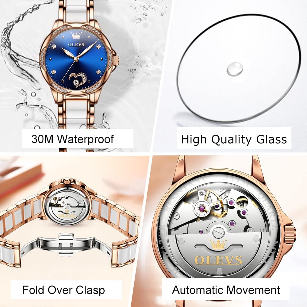 OLEVS Women's Automatic Watch - Luxury Large Face Diamond Accented Self-Winding Dress Watch with Two-Tone Stainless Steel & Ceramic Bracelet | Waterproof Ladies Watch for Business, Party & Everyday Wear