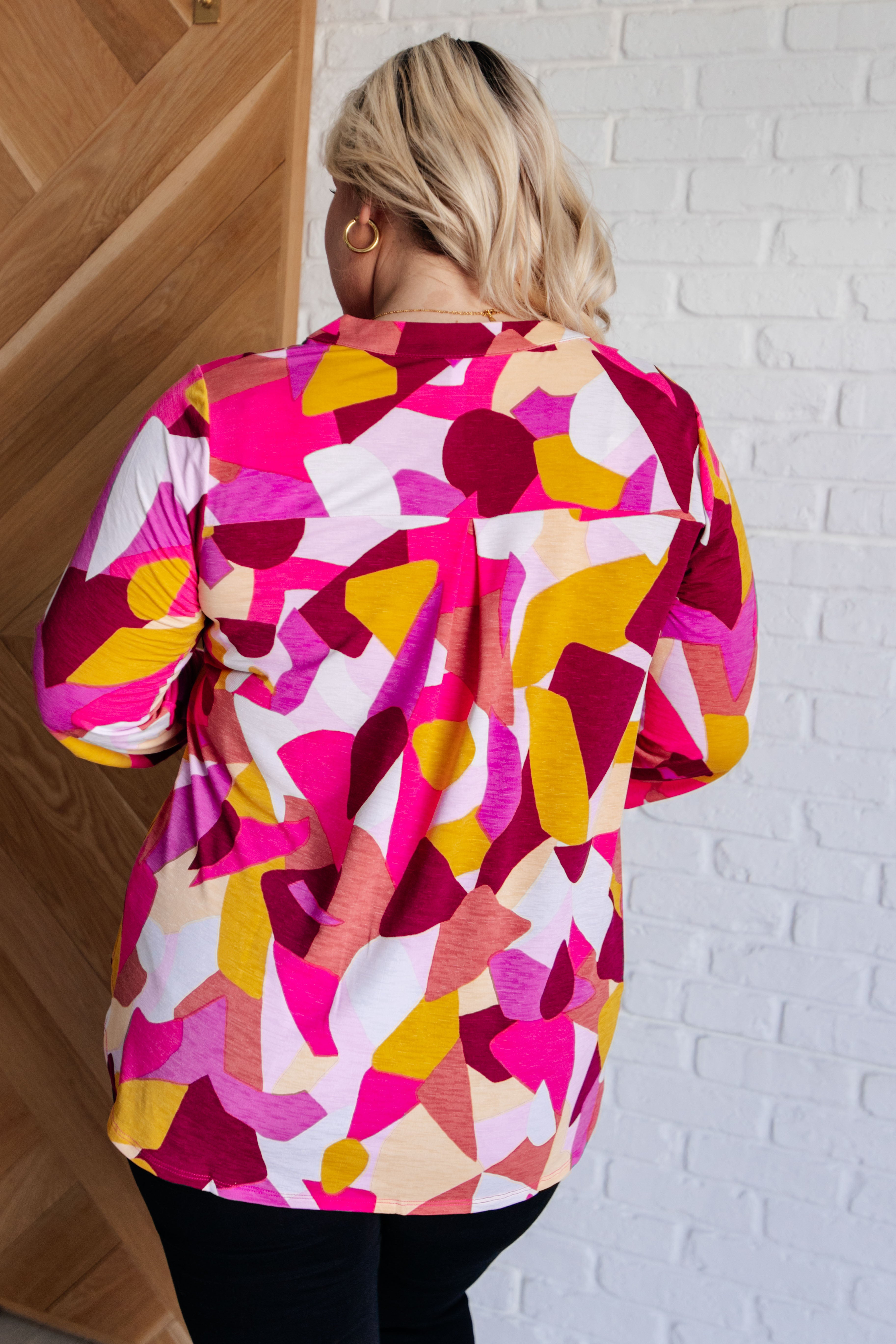 Lizzy Top - Women's Fashion Blouse in Magenta & Mustard Abstract Print | Trendy Casual Shirt for Date Night, Office Wear & Summer Outfits