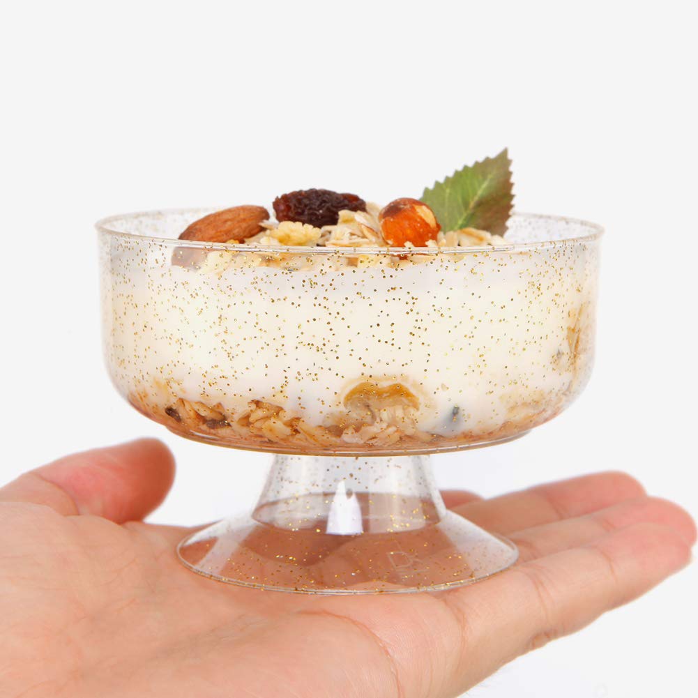 48-Pack 7oz Gold Glitter Plastic Dessert Cups with Spoons - Disposable Gold Party Plates, Silverware & Cups for Birthday, Wedding, Baby Shower & Holiday Events