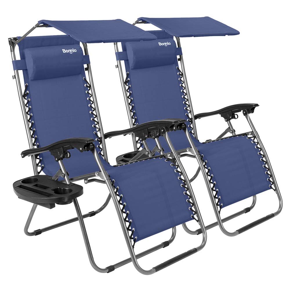 **Bonnlo Zero Gravity Lounge Chair with Adjustable Canopy - Portable Folding Recliner with Cup Holder & Headrest - Perfect for Beach, Pool, Patio, Garden (Blue, 2-Pack)**