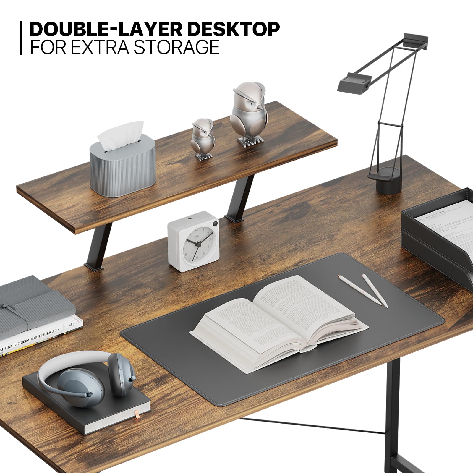 MoNiBloom 47-inch Modern Computer Desk with Monitor Stand | 2-Tier Storage Desktop for Home Office & Study | Durable Cinnamon Cherry Workstation | Perfect for Small Spaces, Gaming & Remote Work