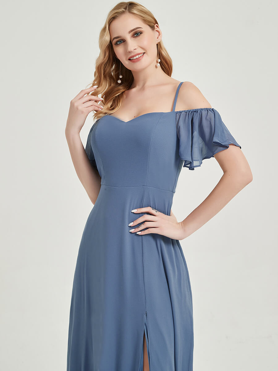 Elegant Burgundy Spaghetti Strap A-Line Chiffon Bridesmaid Dress with Side Slit | Formal Wedding Party Gown for Bridesmaids, Evening Gala & Special Occasions
