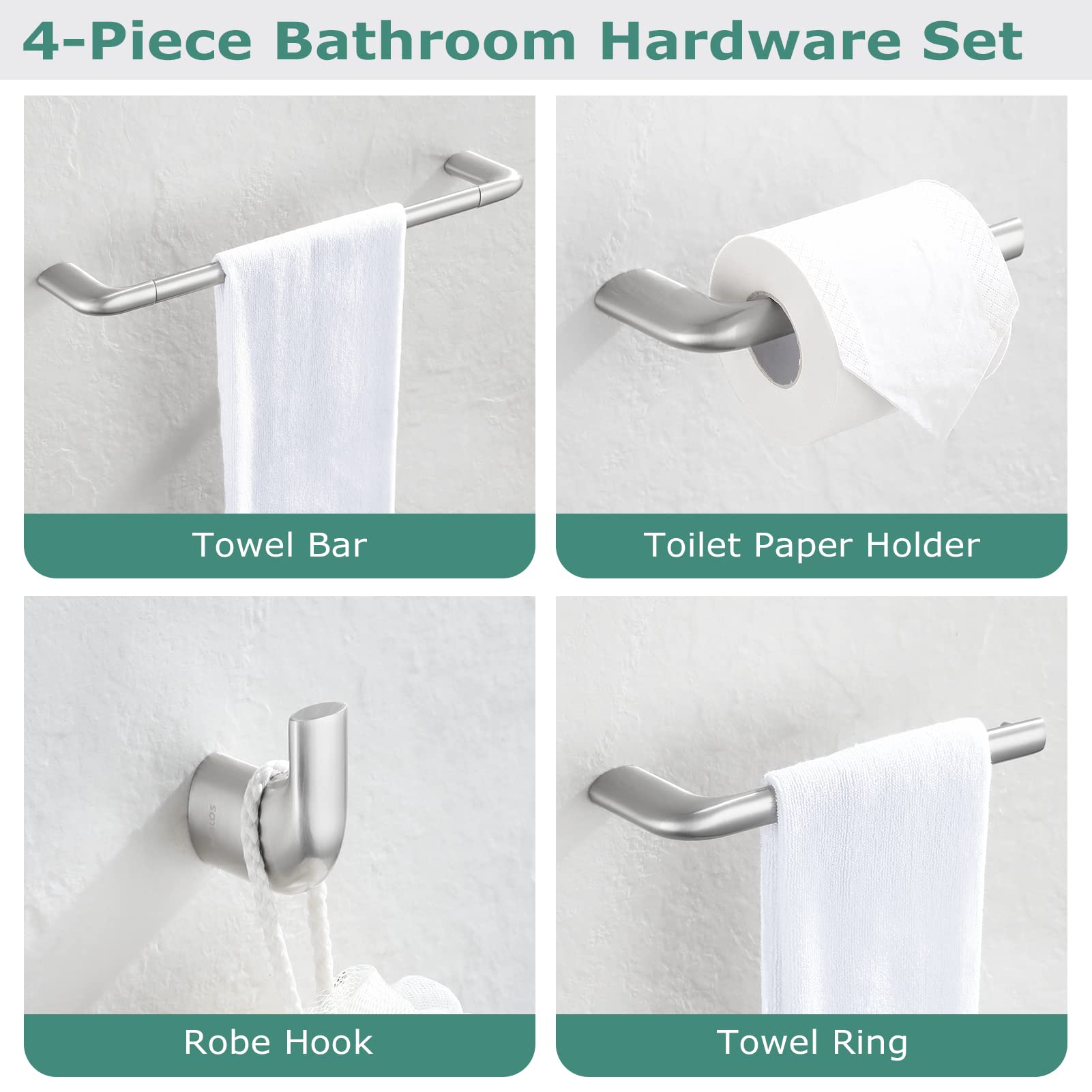 PARLOS 4-Piece Bathroom Hardware Set - Brushed Nickel Finish - All Brass Construction - Includes 17