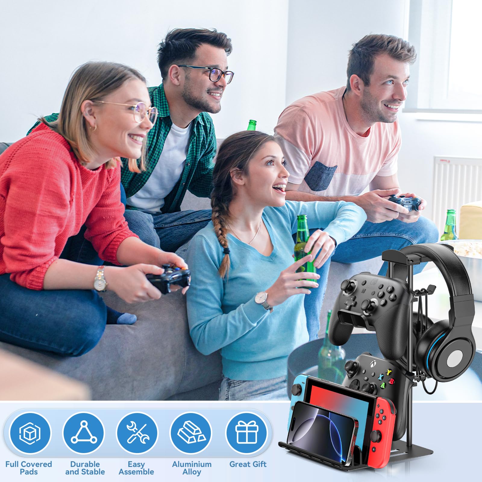 Premium Aluminum Headphone Stand & Gaming Controller Holder - Universal Desk Organizer for Headphones, Switch, Mobile Phone - Perfect for Gaming Setup & Office Workspace