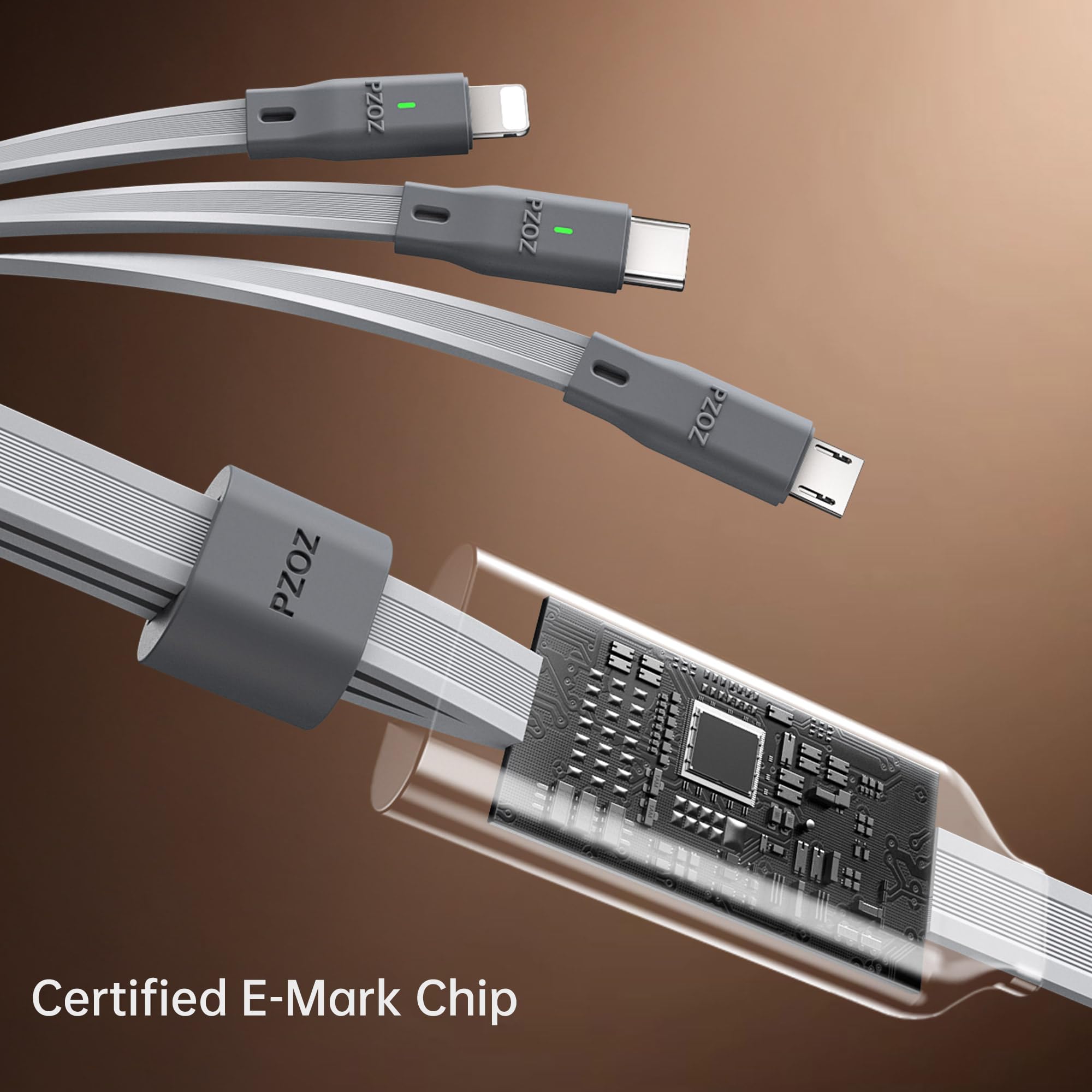 PZOZ 100W USB C & USB A 3-in-1 Fast Charging Cable - Type C (100W)/Lightning (27W)/Micro USB (10W) Compatible with iPhone 16/15/14, iPad Pro, MacBook, Samsung Galaxy - Perfect for Travel, Office & Home Charging