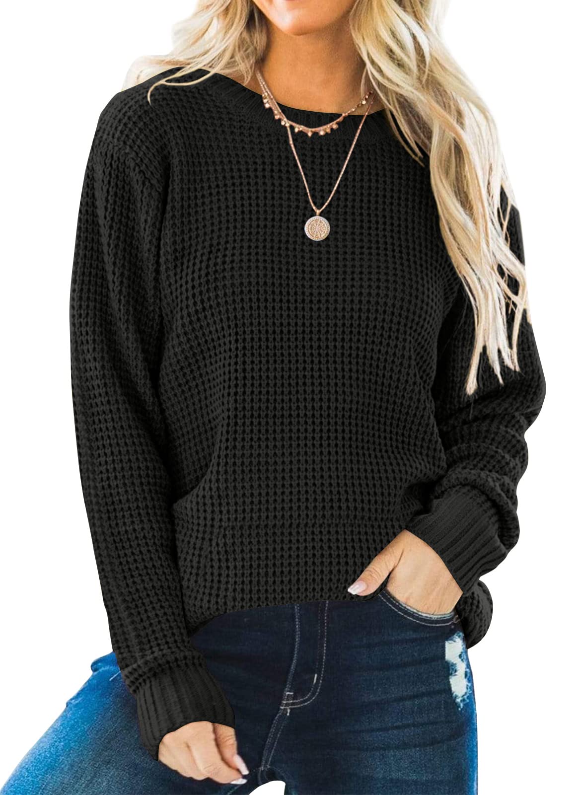 ZESICA Women's Oversized Waffle Knit Sweater - Long Sleeve Crew Neck Pullover Top for Casual Wear | Cozy Fall & Winter Fashion, Perfect for Layering, Office, and Weekend Outfits