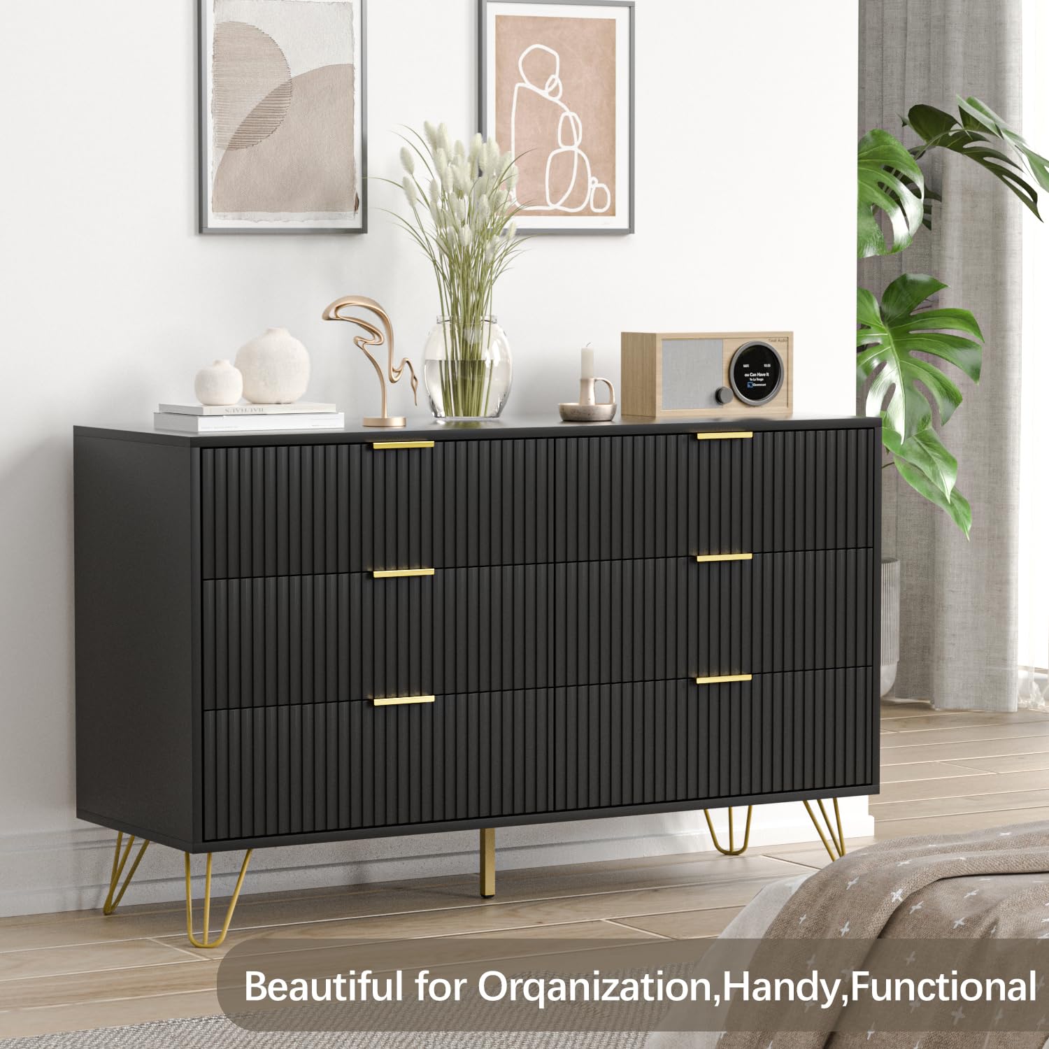 Modern Black Dresser for Bedroom - 6 Drawer Chest with Wide Storage & Gold Handles | Perfect for Organizing Clothes, Accessories & Bedroom Essentials