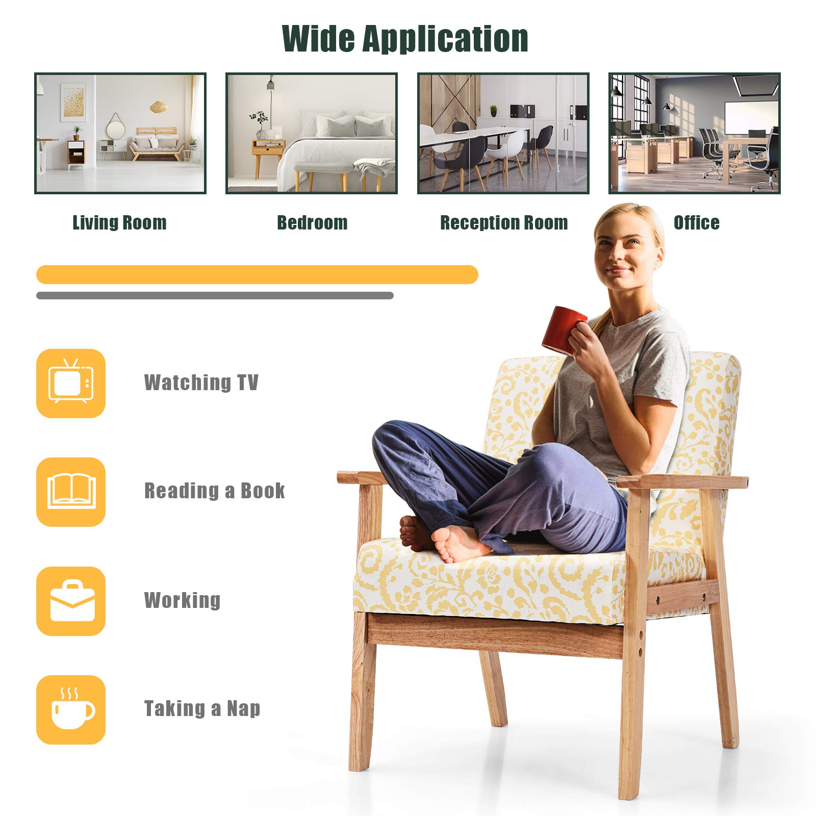 Powerstone Modern Fabric Accent Chair with Wooden Legs - Yellow for Living Room & Office