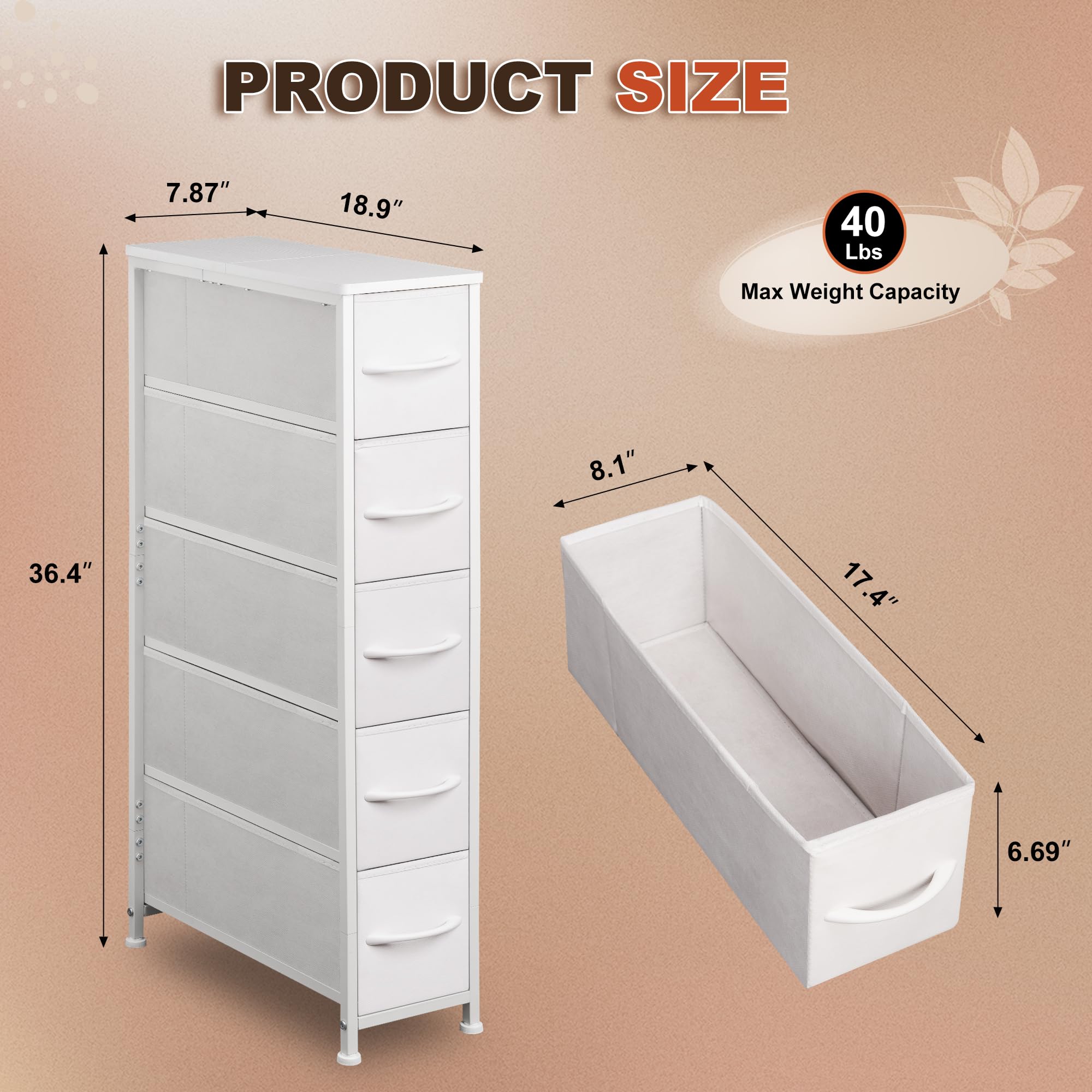 Slim 5-Drawer Narrow Dresser Storage Tower with Steel Frame & Wood Top - Space-Saving Chest of Drawers for Bedroom, Bathroom, Laundry Room, Closet & Small Spaces (White) | Perfect for Apartment Living, Dorm Rooms & Tight Spaces