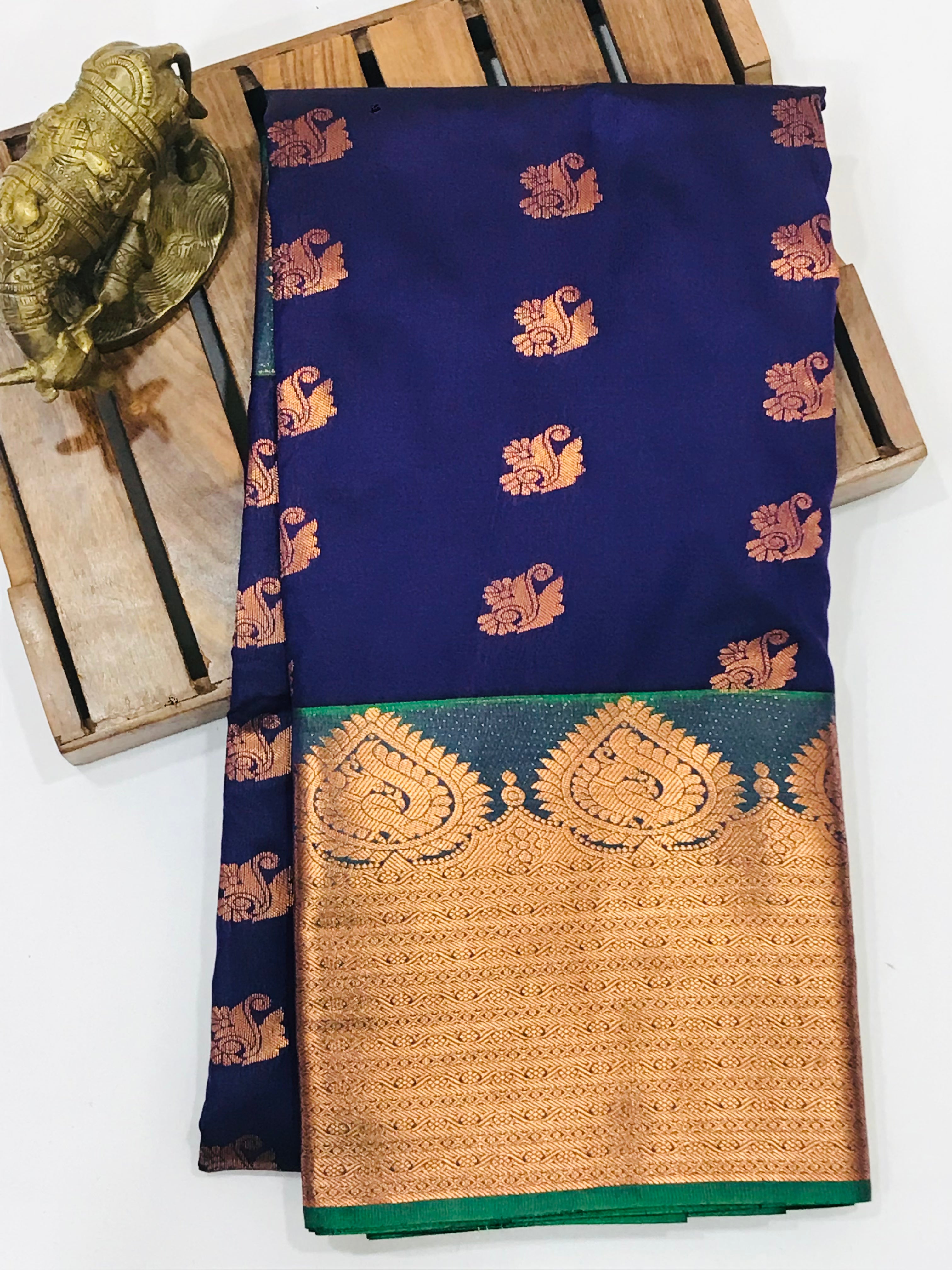 Elegant Navy Blue Pure Kanchi Silk Saree with Golden Zari for Women | Traditional Indian Attire for Weddings & Festivals